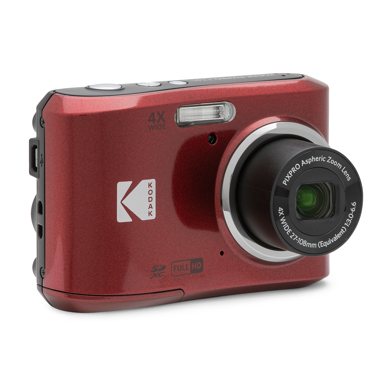 Fotocamera digitale Kodak rossa su sfondo bianco. L'obiettivo è in evidenza e la fotocamera è angolata.