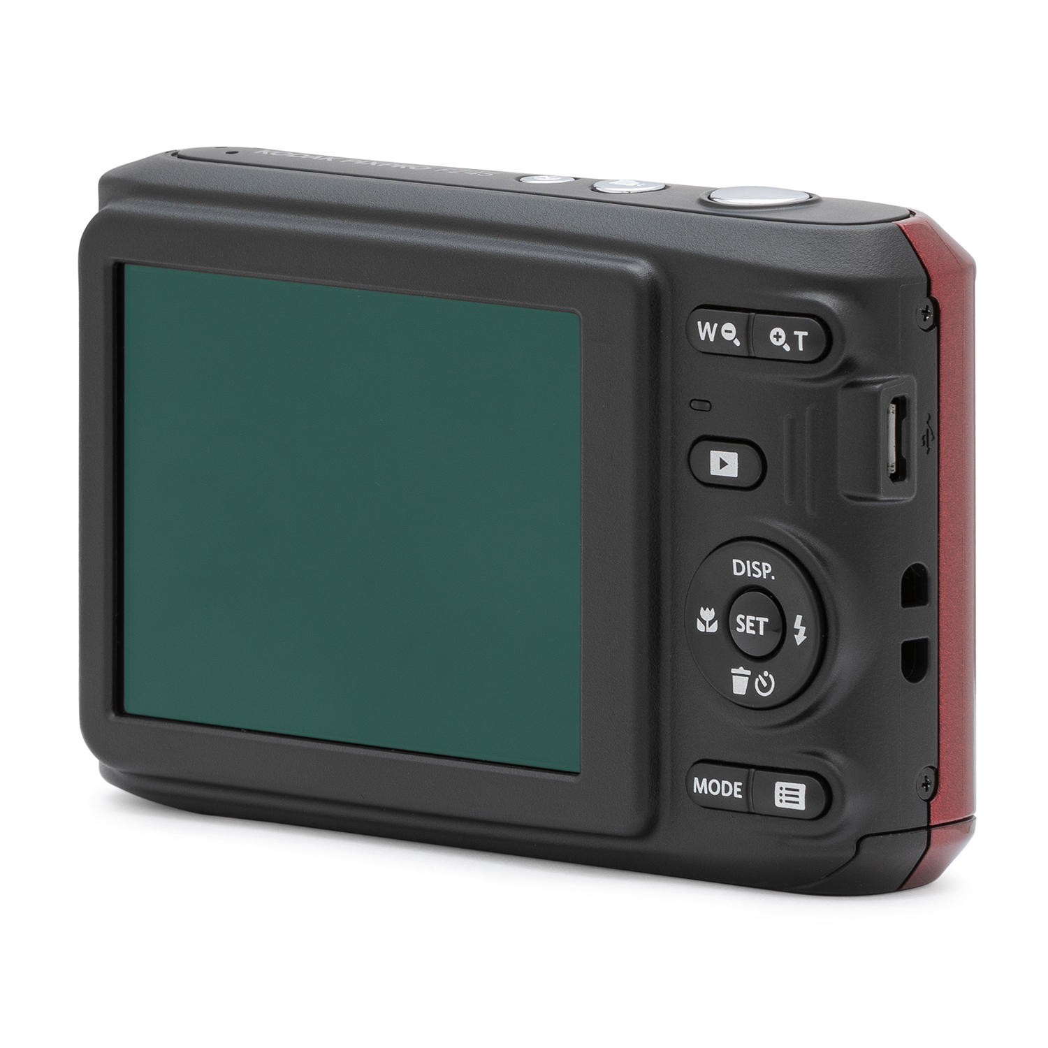 Fotocamera digitale nera e rossa, schermo sul retro, pulsanti laterali.