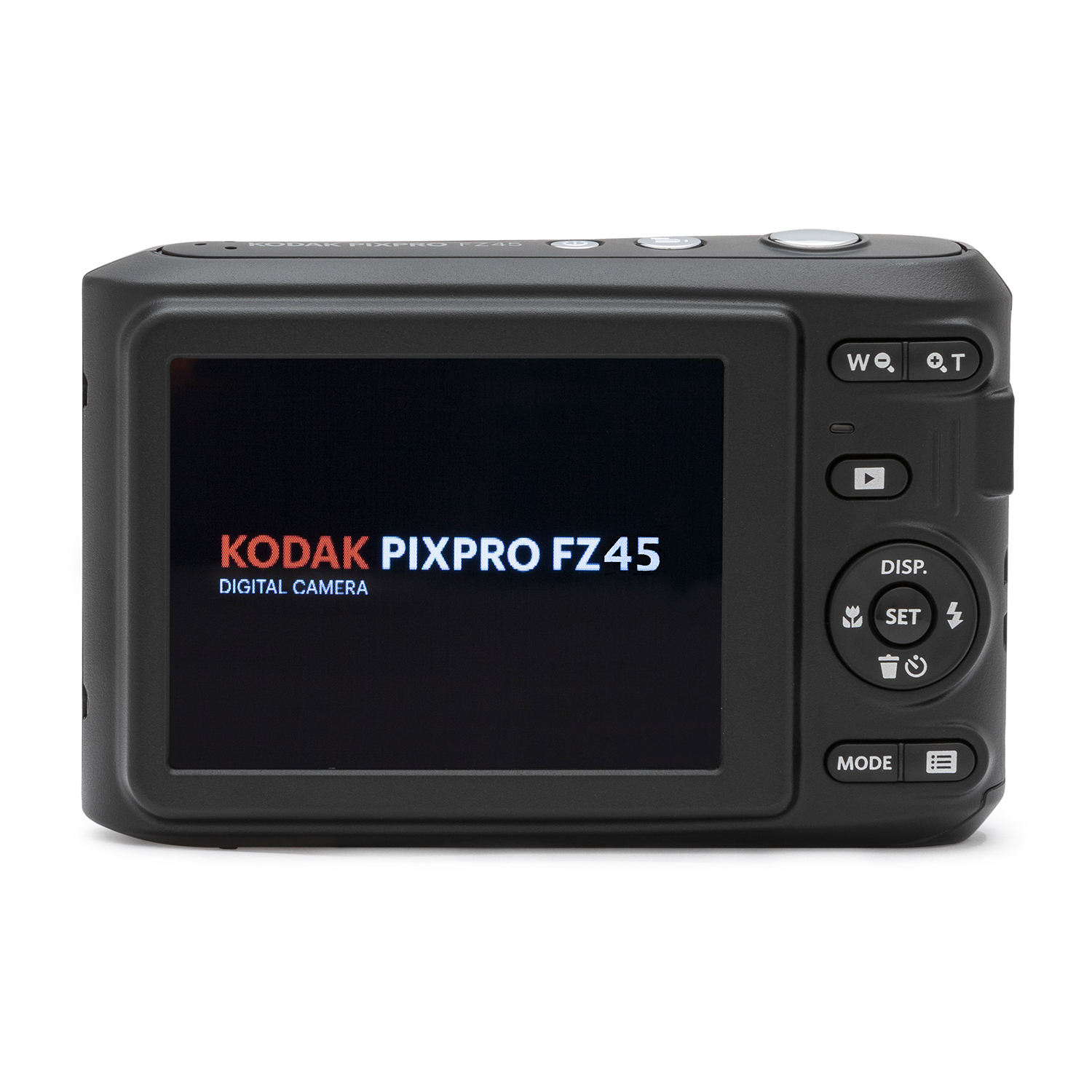 Fotocamera nera Kodak Pixpro FZ45, schermo mostra testo.