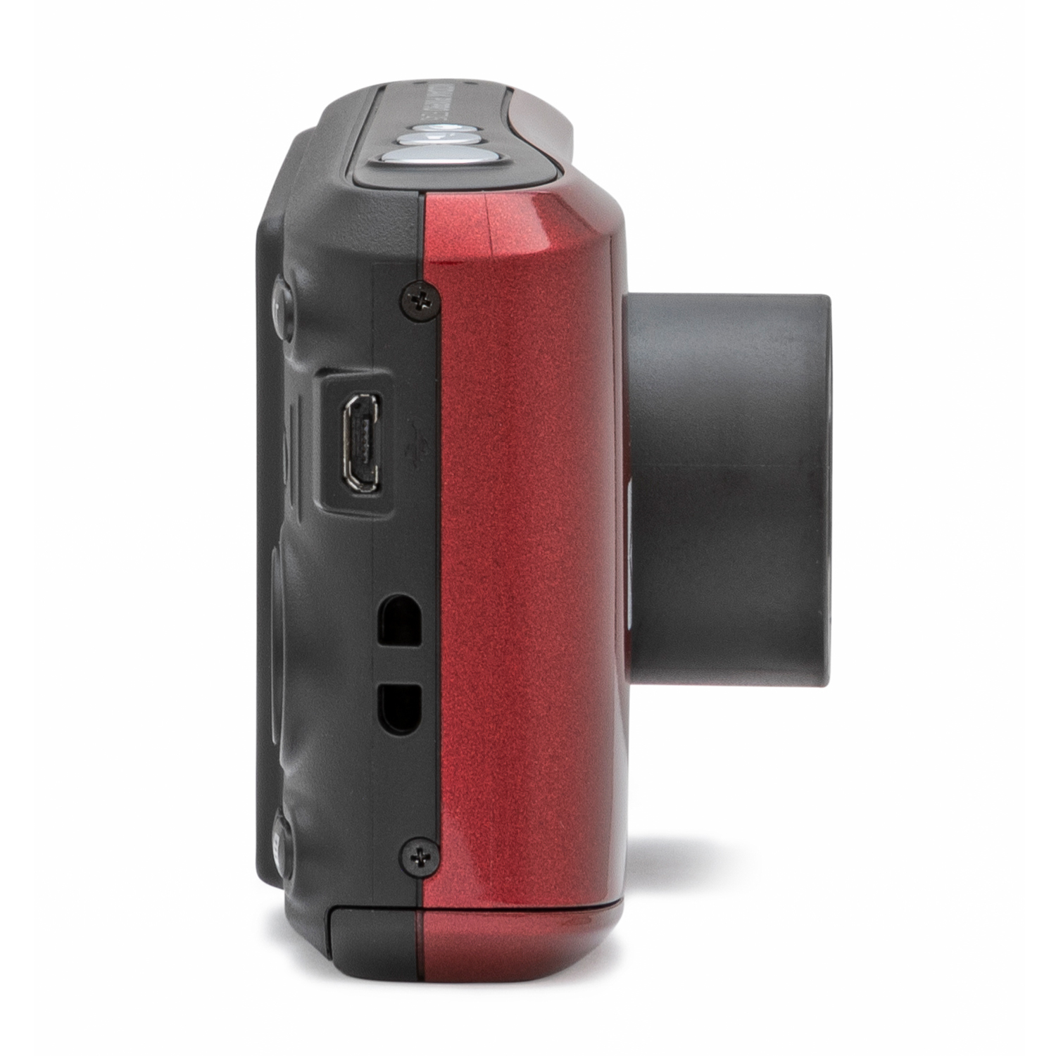 Vista laterale di una action cam rossa e nera, che mostra l'obiettivo, i pulsanti e le porte.