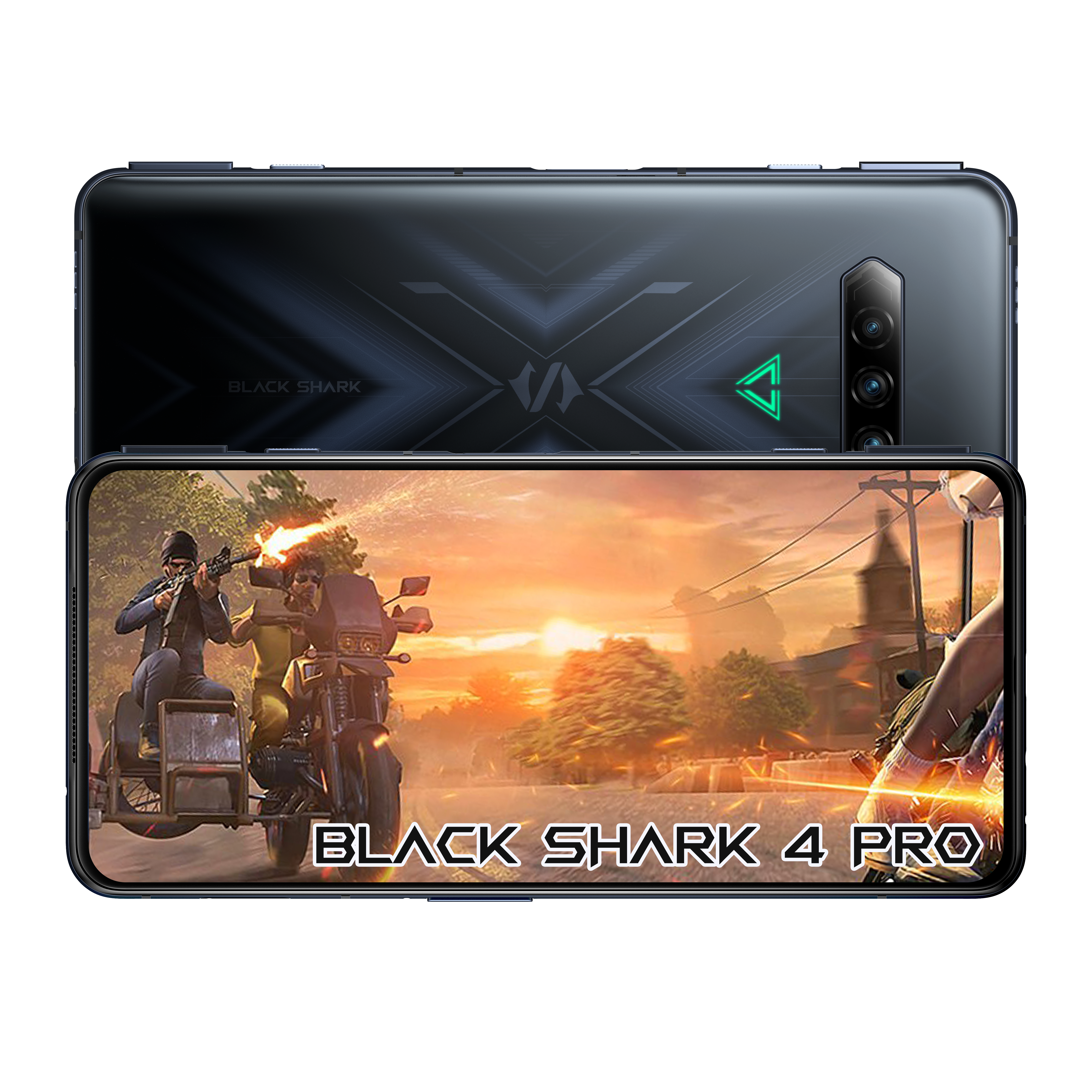 Teléfono Black Shark 4 Pro, vista trasera y frontal. Escena de juego en pantalla.