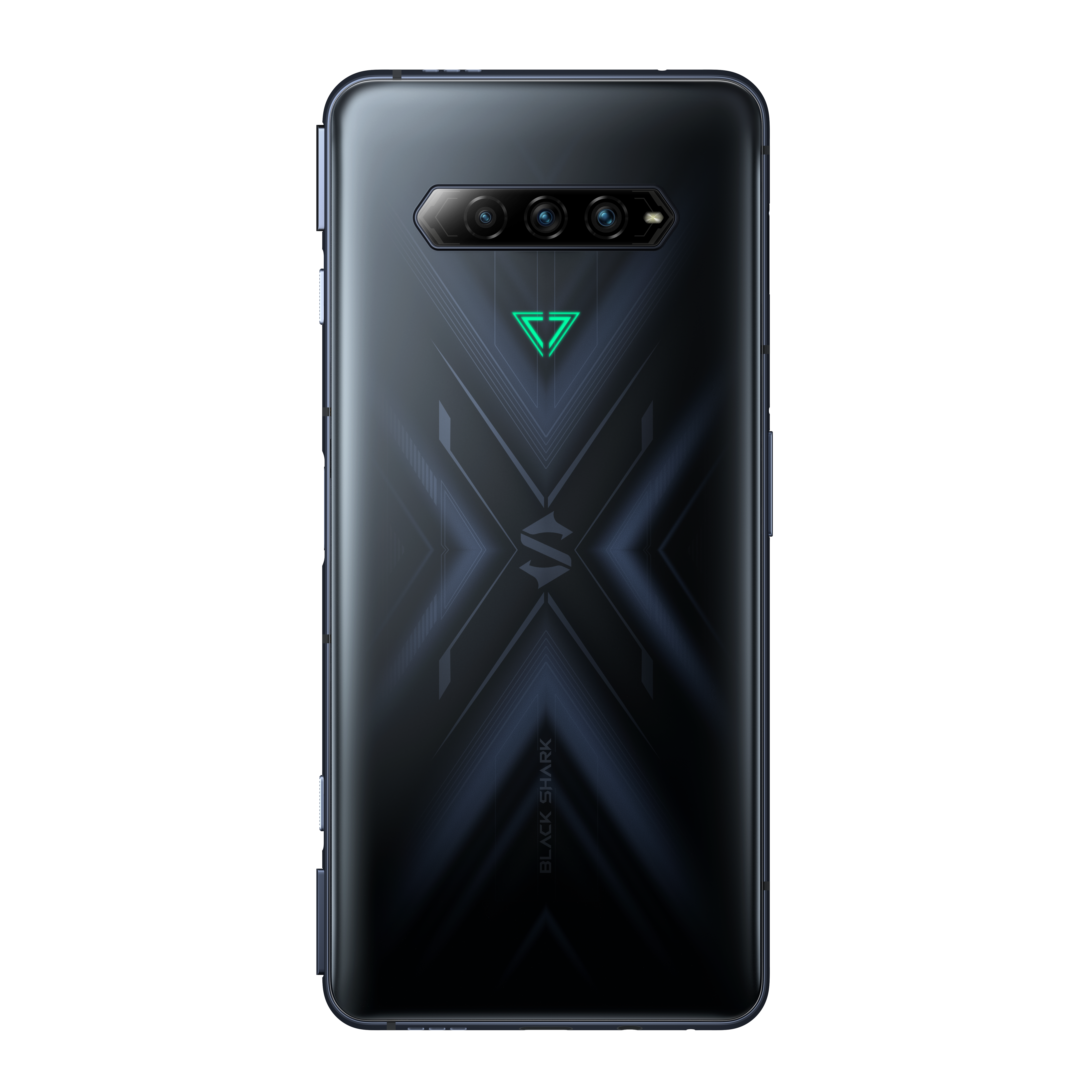 Smartphone negro, vista trasera, con diseño geométrico y configuración de cámara.