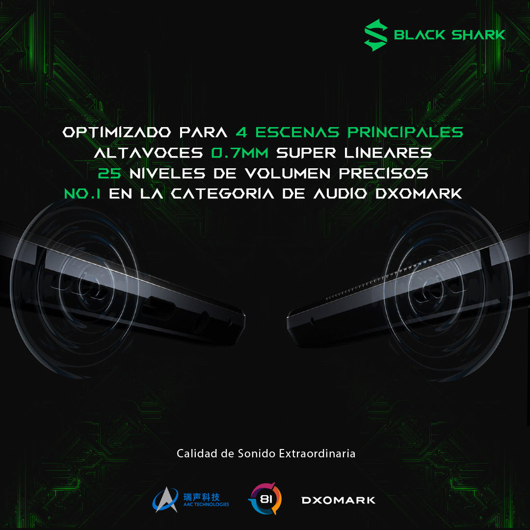 Anuncio de Black Shark con texto, elementos gráficos e imágenes del producto. Fondo oscuro y tecnológico.