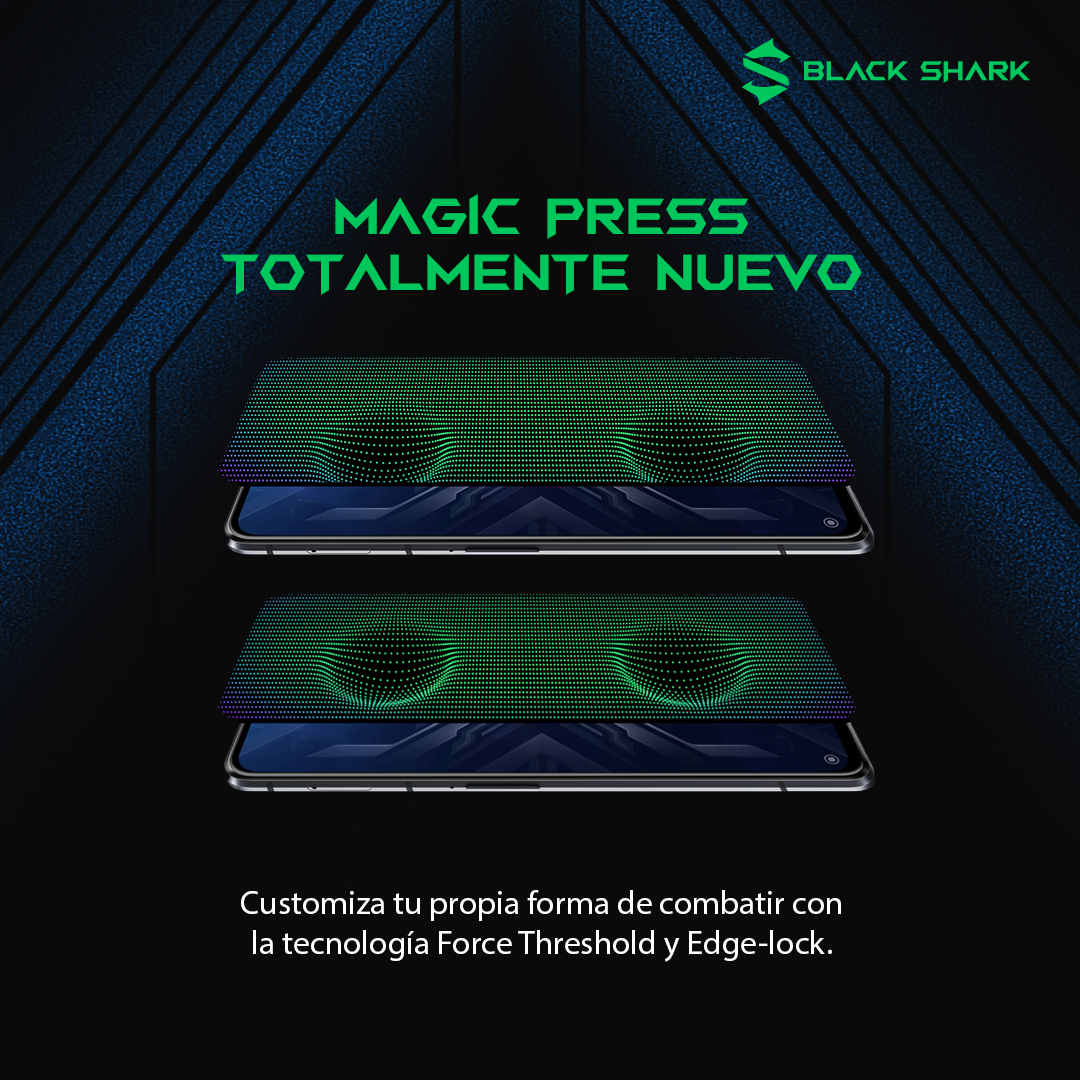 Teléfono Black Shark mostrando pantalla con gráficos verdes y morados, superposición de texto y fondo verde.