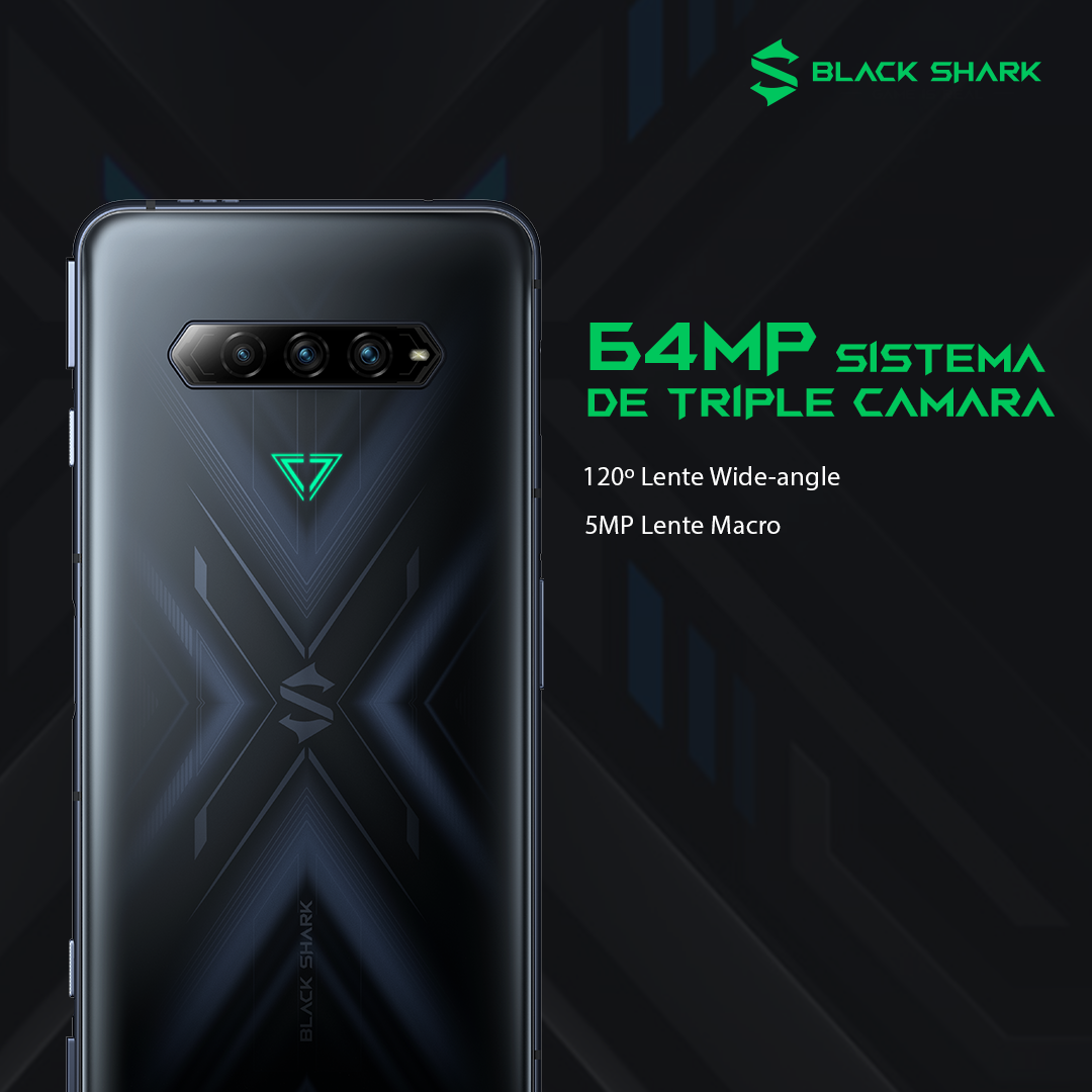 Parte trasera del teléfono Black Shark. Cámara cuádruple, texto: cámara triple de 64MP. Detalles.
