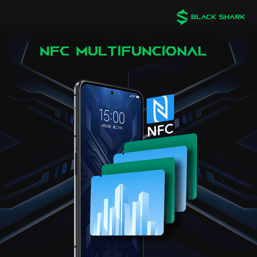 Smartphone negro con logos NFC, texto verde: NFC Multifuncional.