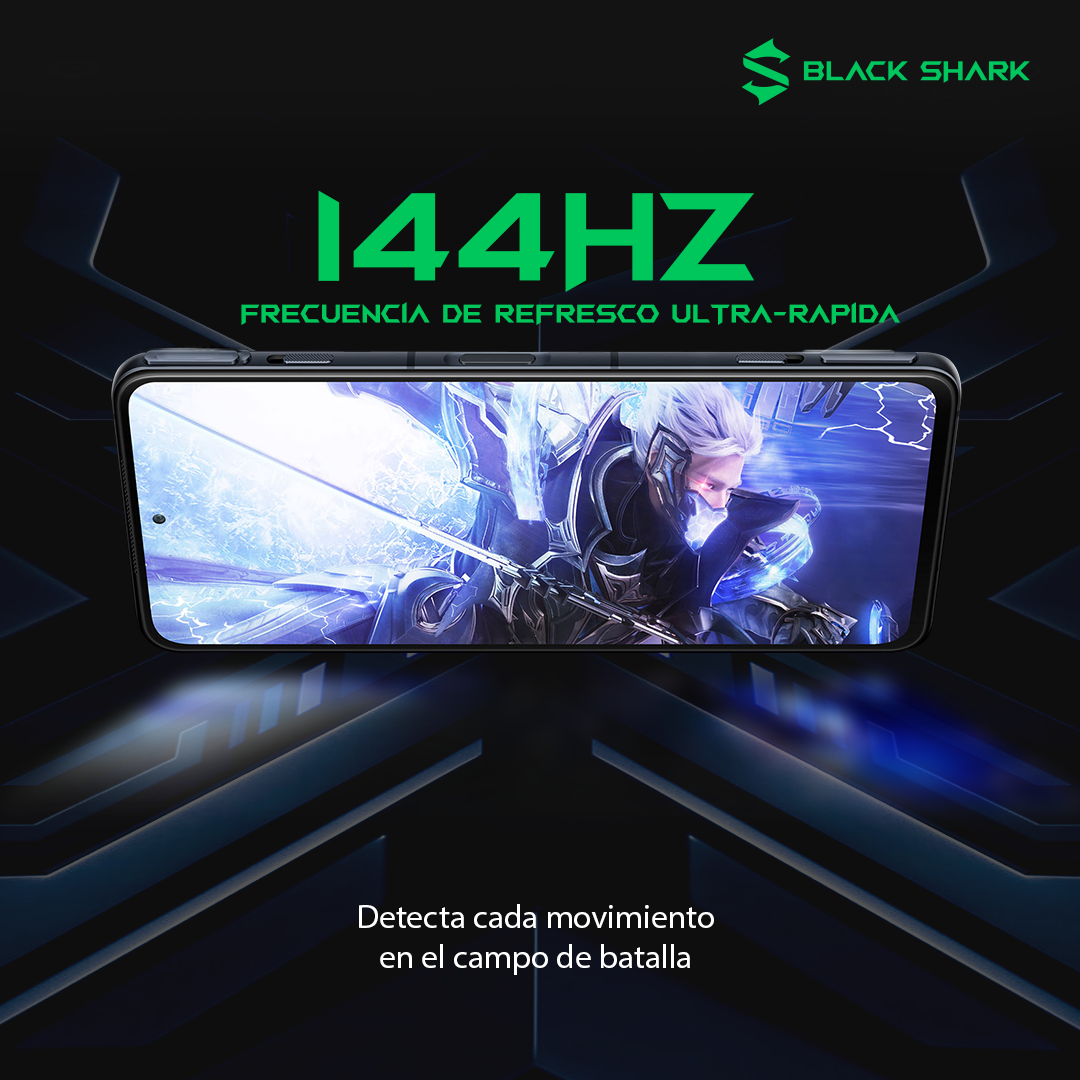 Teléfono Black Shark mostrando un juego con un guerrero en pantalla, con texto indicando 144Hz de frecuencia de actualización.