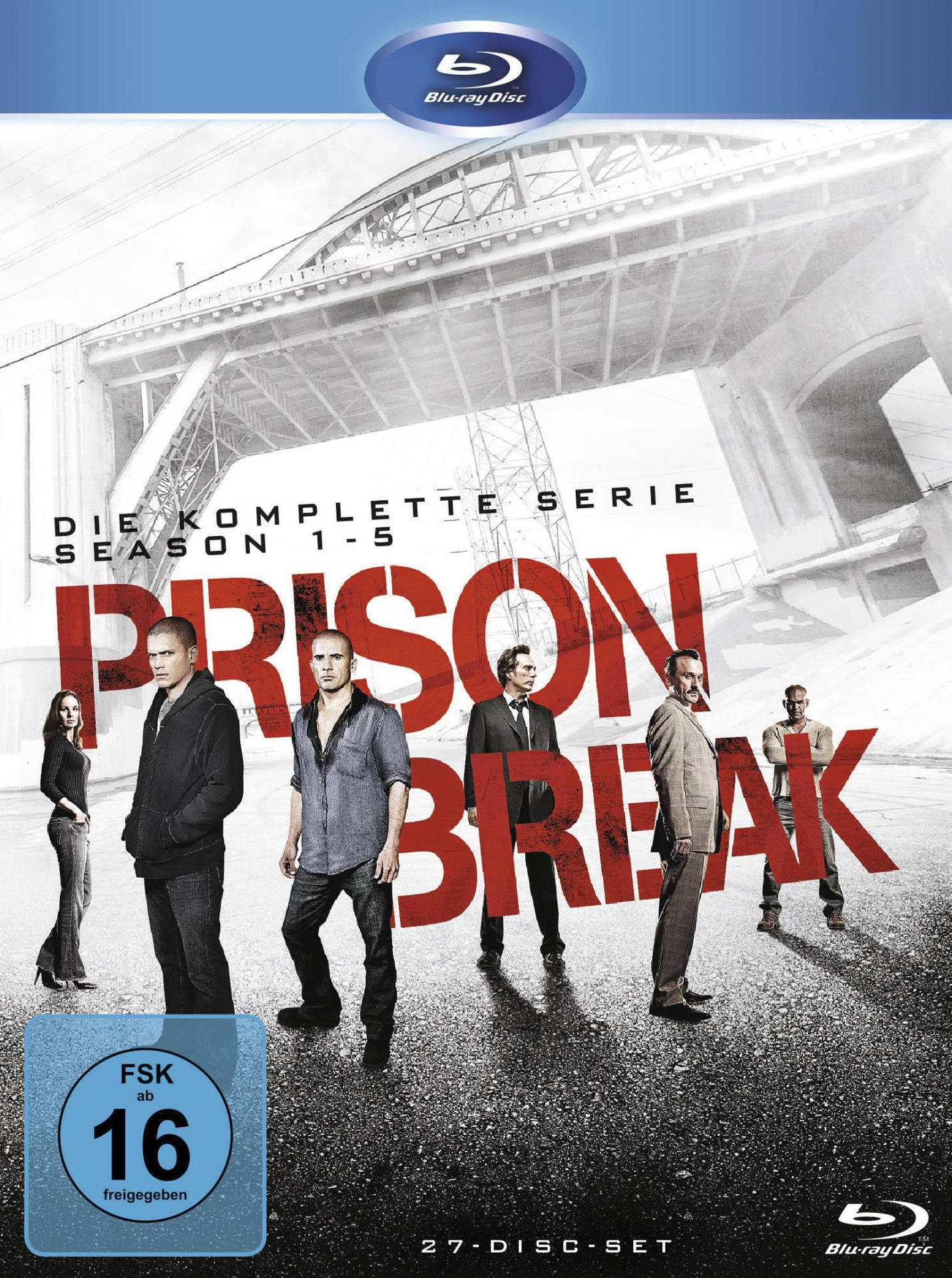 Blu-ray Cover, Männergruppe vor Gebäude, Titel 'Prison Break'.
