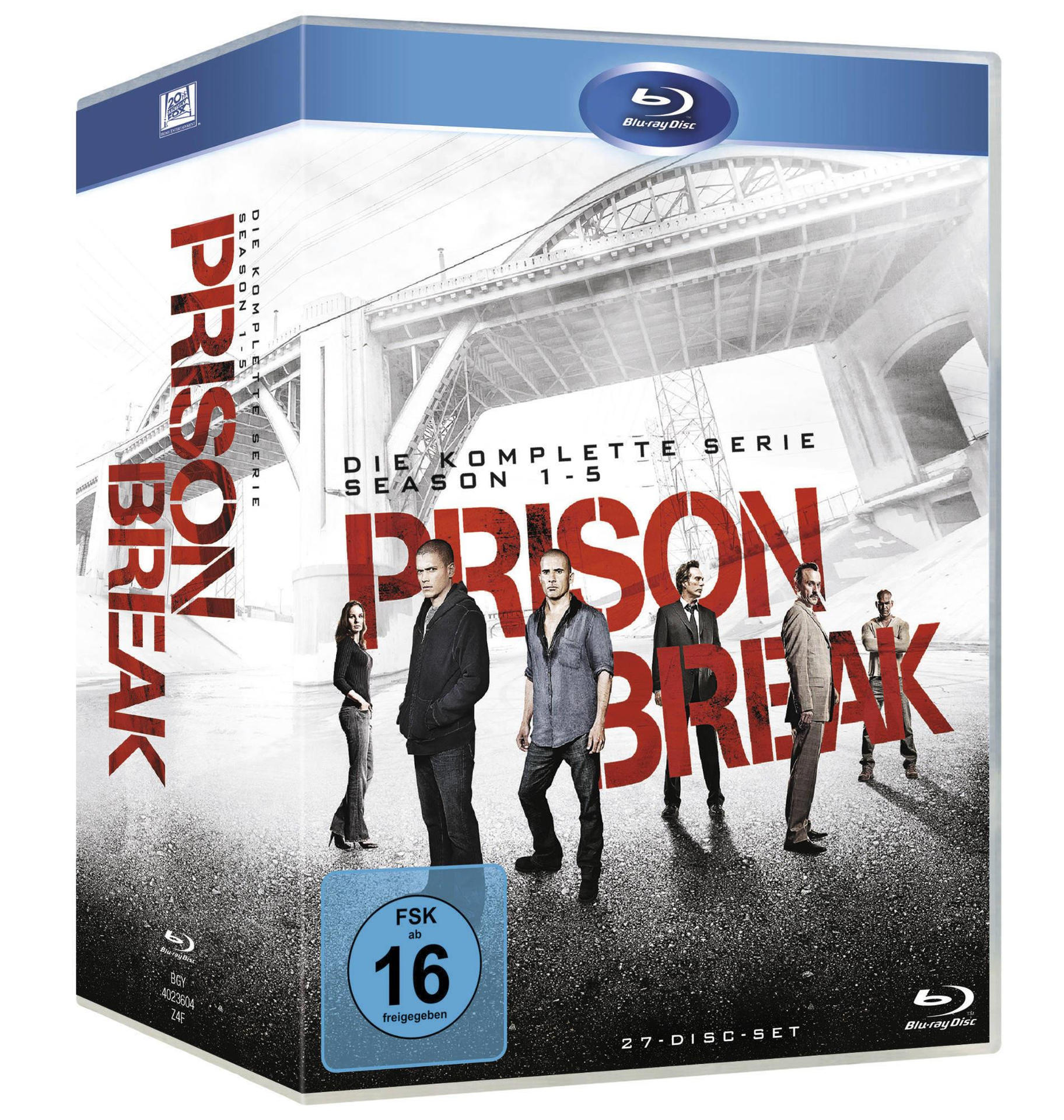 Eine DVD-Box-Set von Prison Break. Das Cover zeigt Schauspieler und den Titel der Show in Rot auf grauem Grund.