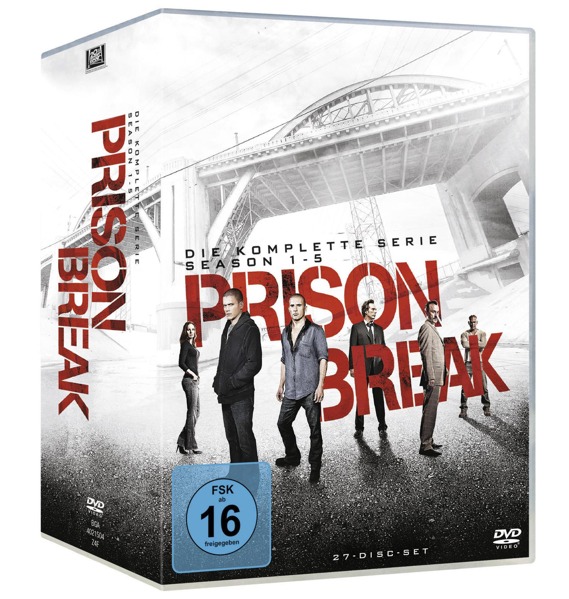 Prison Break DVD-Box-Set. Zeigt mehrere Schauspieler auf dem Cover vor einem Brückenhintergrund.