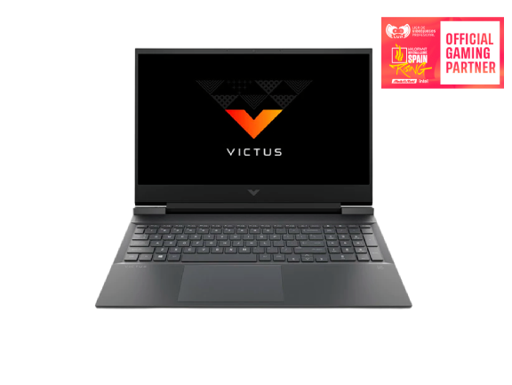 Una computadora portátil Victus negra está abierta. La pantalla muestra el logotipo. Un logotipo blanco y rosa de Official Gaming Partner está a la derecha.