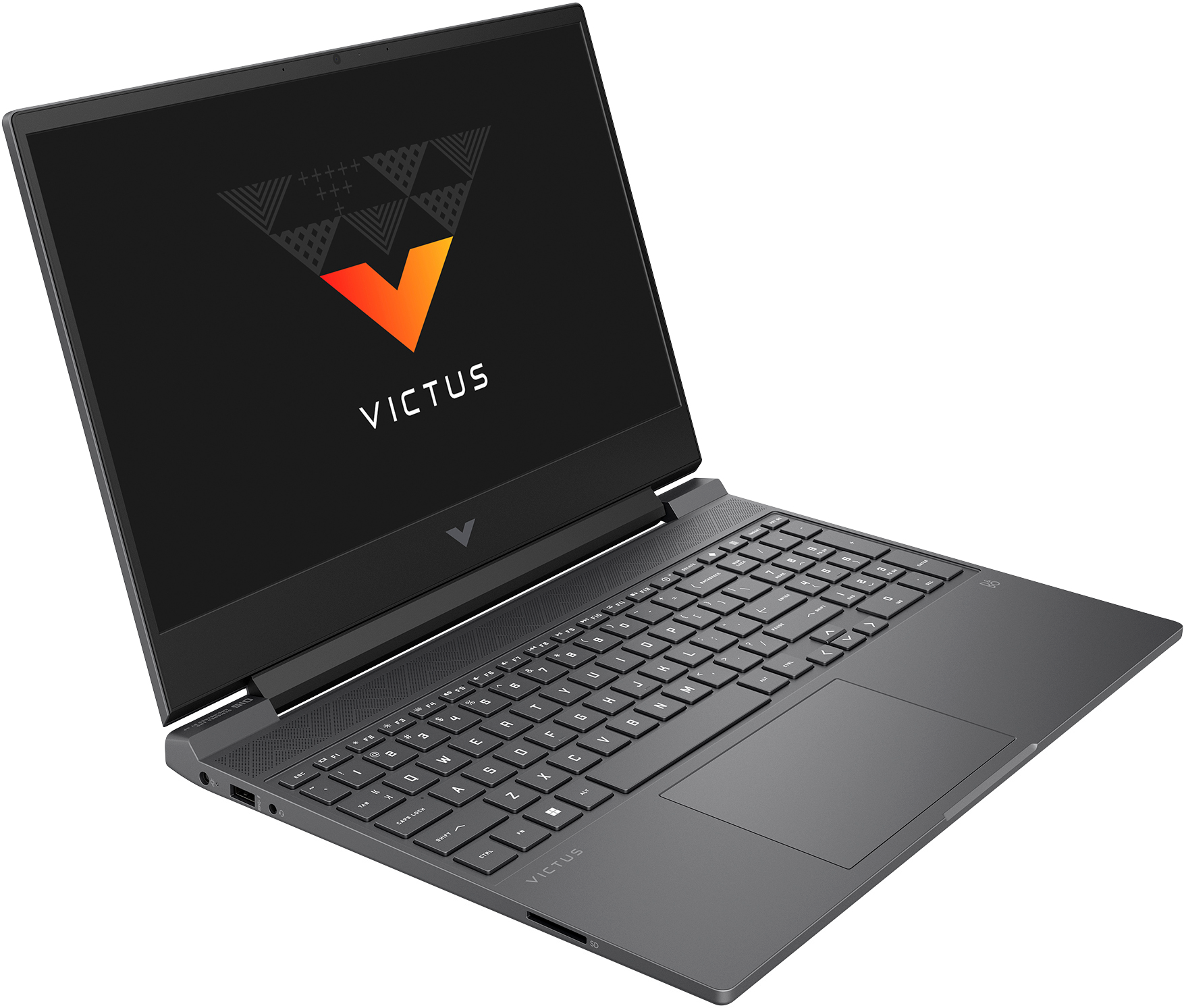 Un portátil Victus negro, abierto, mostrando el logotipo, con un teclado en la parte delantera.