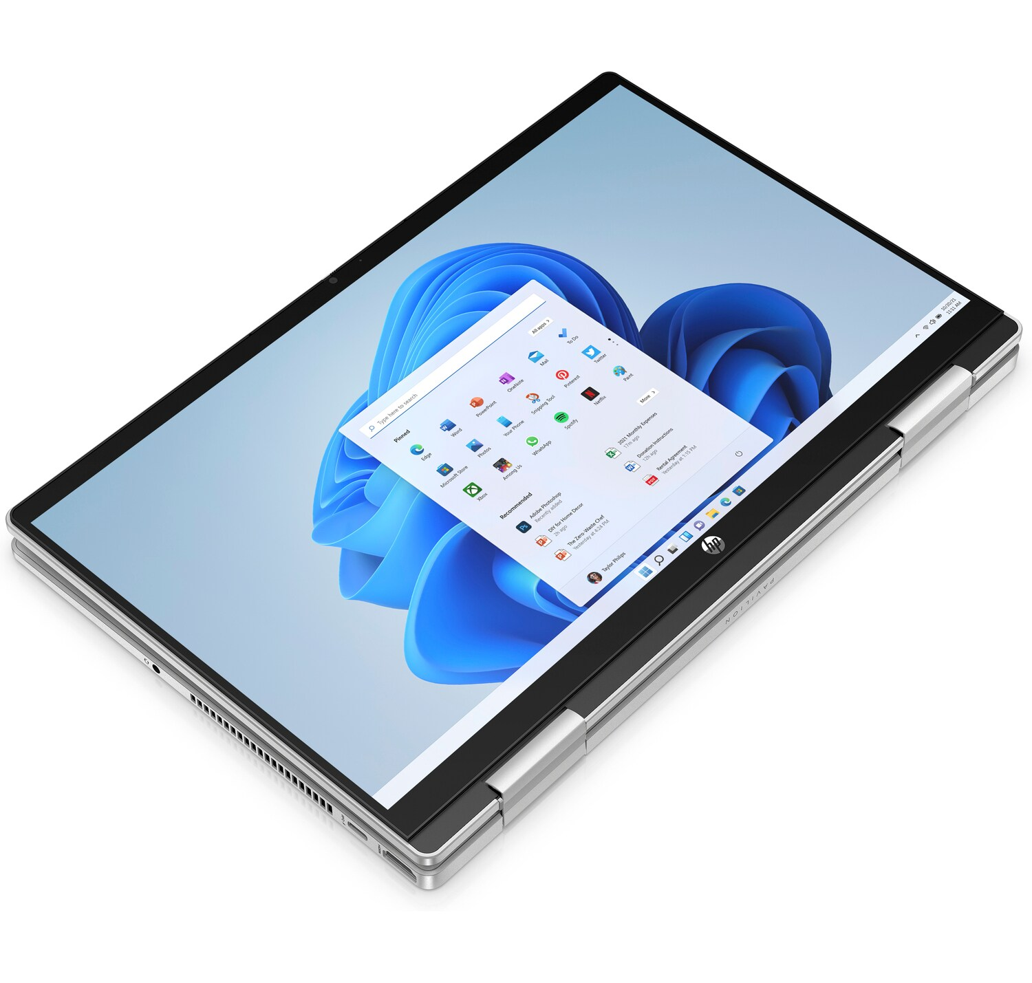 Ordenador portátil con pantalla táctil, mostrando una interfaz de Windows 11 sobre un fondo blanco.