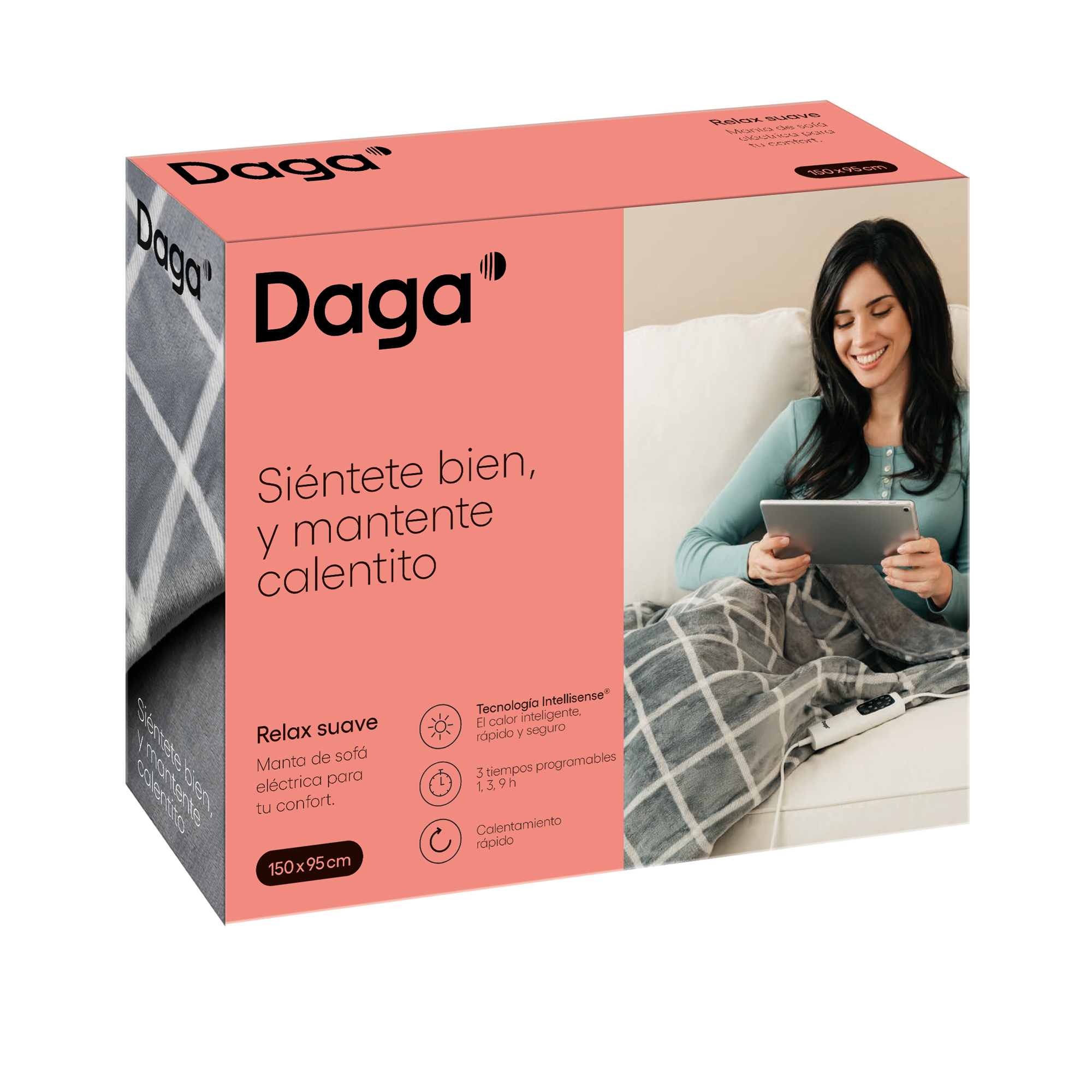 Caja con mujer usando una tableta, una manta en el sofá. Texto en español.