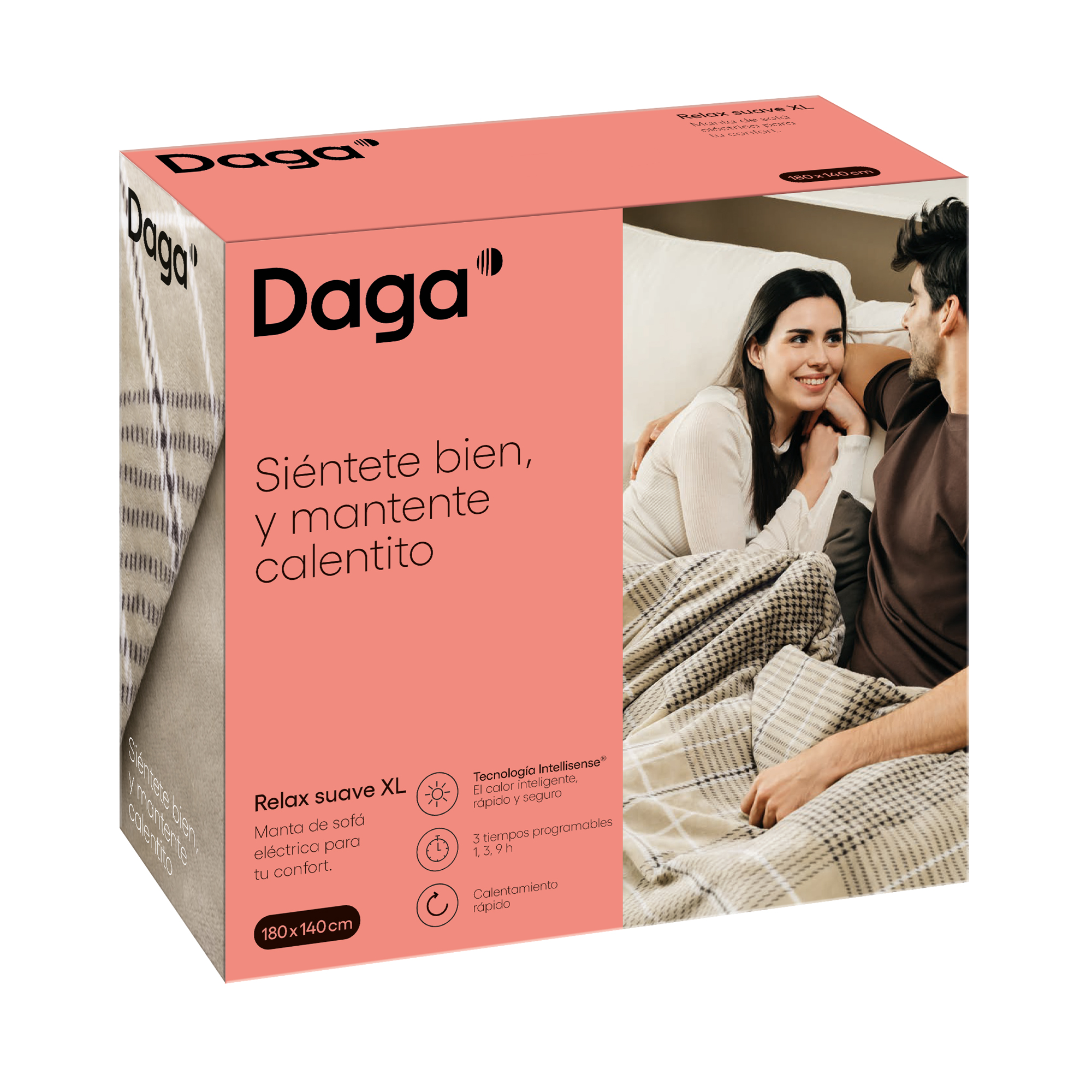 Caja de una manta. Una pareja se abraza, la mujer sonríe. La caja tiene texto.