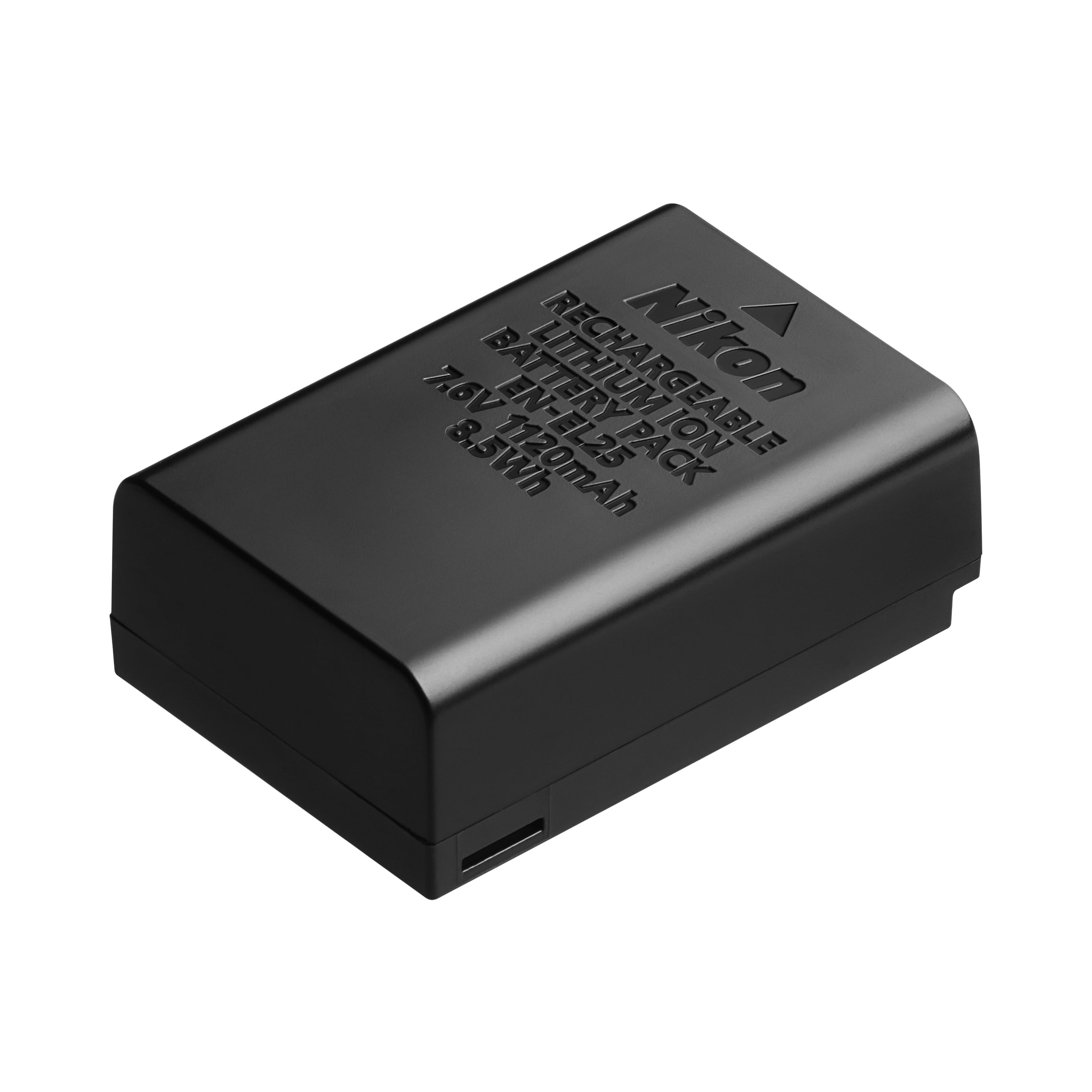 Batería recargable de iones de litio Nikon negra con detalles de texto en su cara.