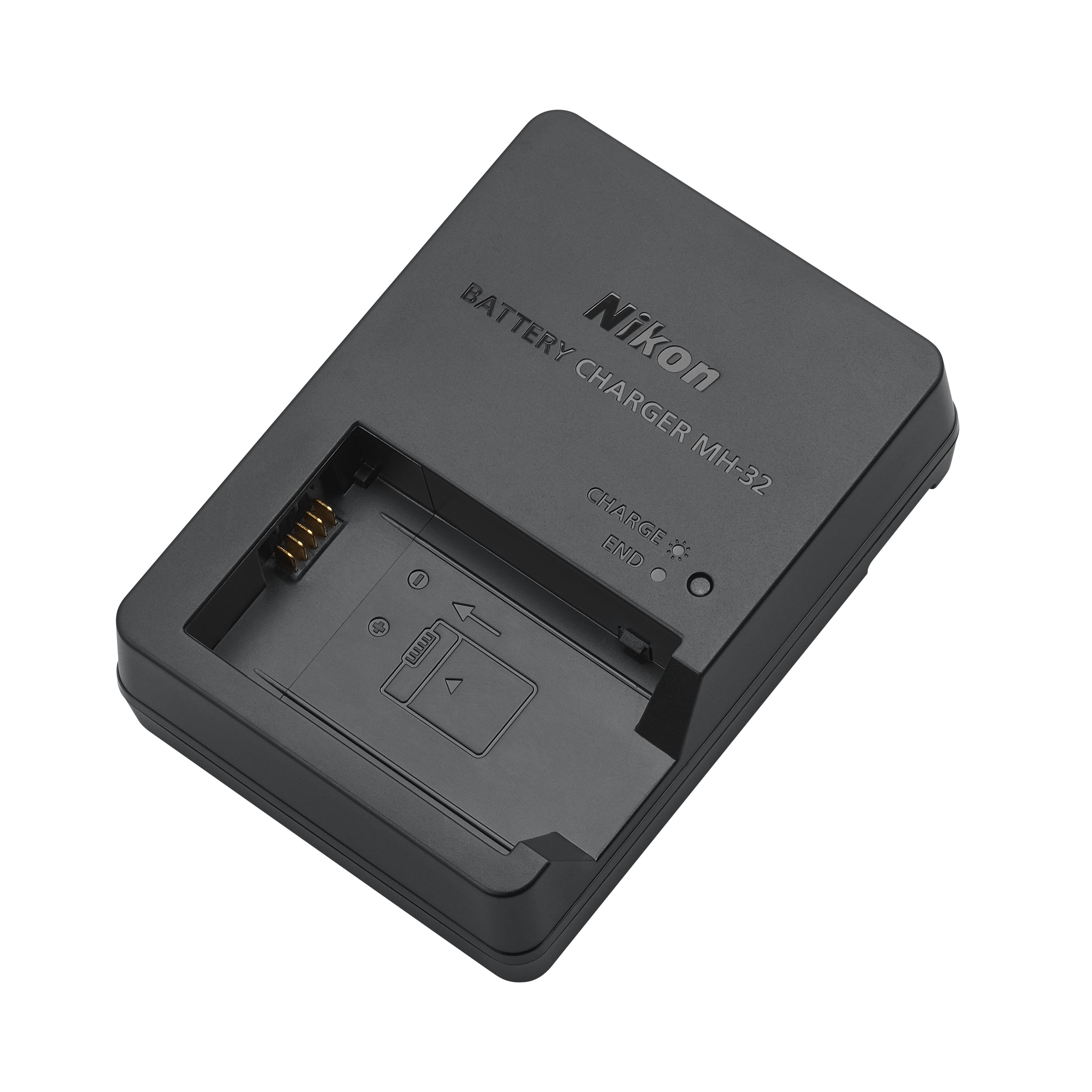 Cargador de batería Nikon negro, modelo MH-32, con indicador de carga y compartimento.