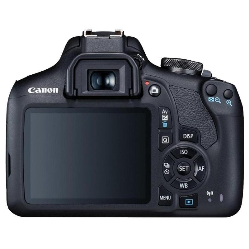 Vista trasera de una cámara Canon con botones y una pantalla. Cuerpo negro.