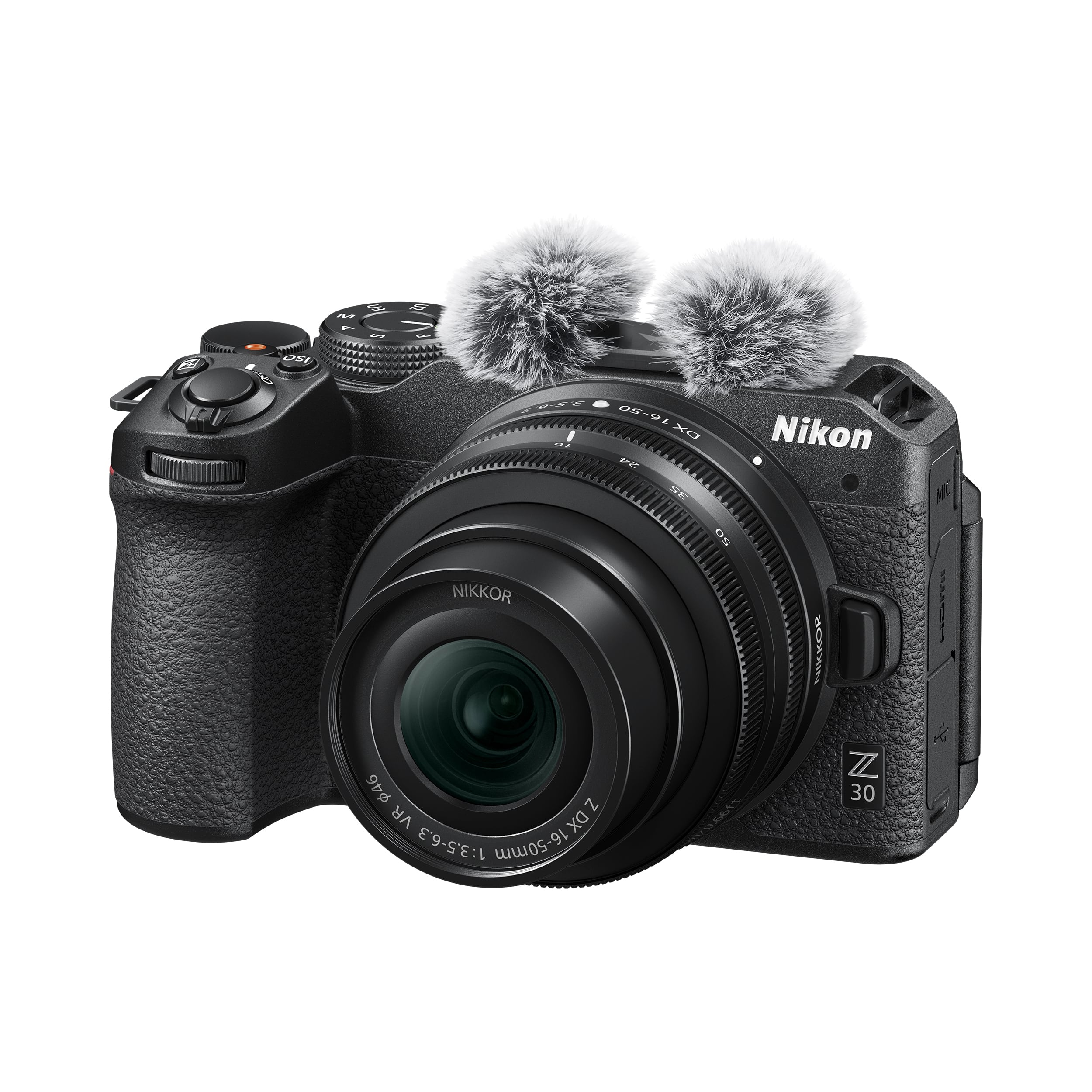 Cámara Nikon Z30 negra con micrófonos externos adjuntos. Tiene una lente y botones de control.