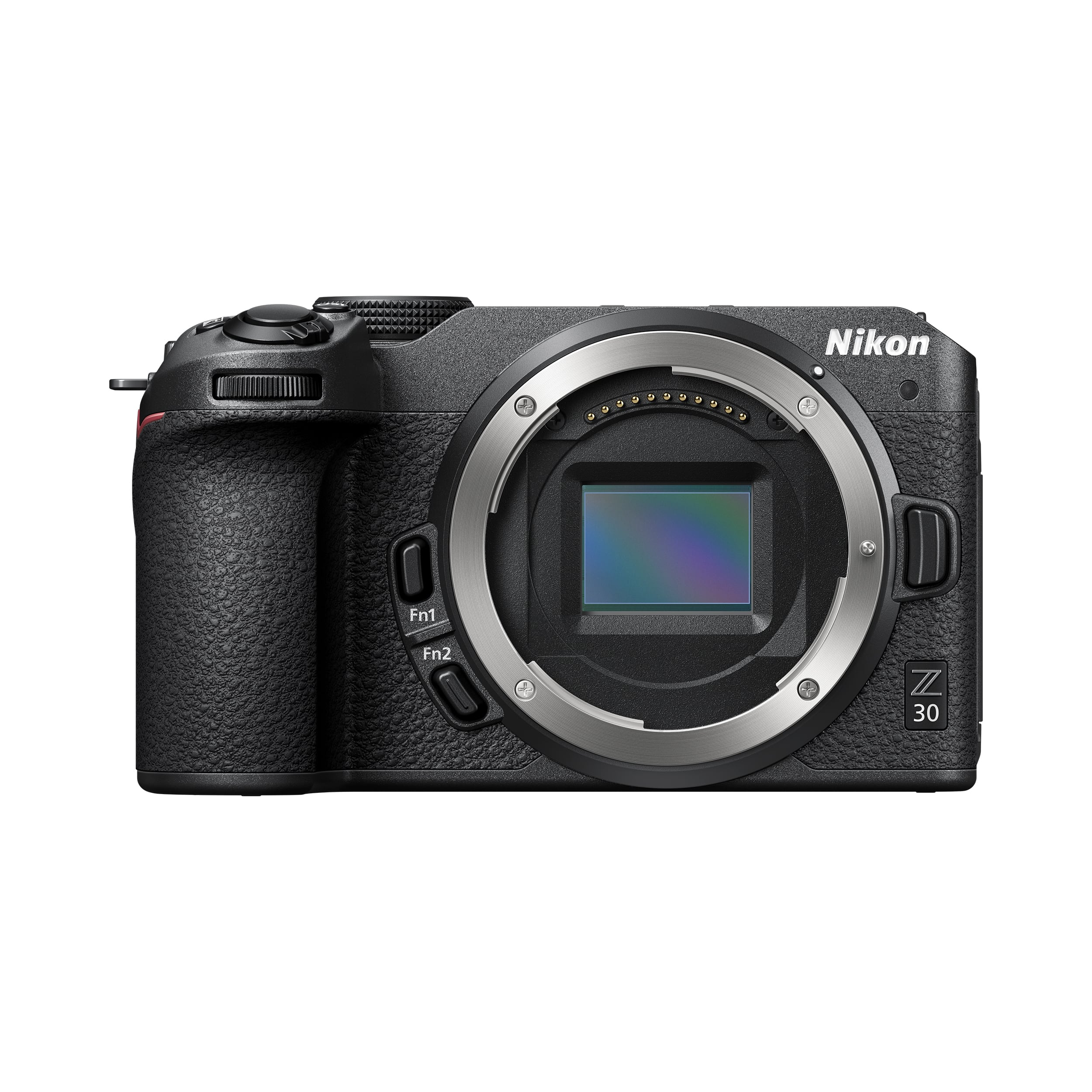 Una cámara sin espejo Nikon Z 30 negra. La cámara tiene una montura de lente y diales de control.