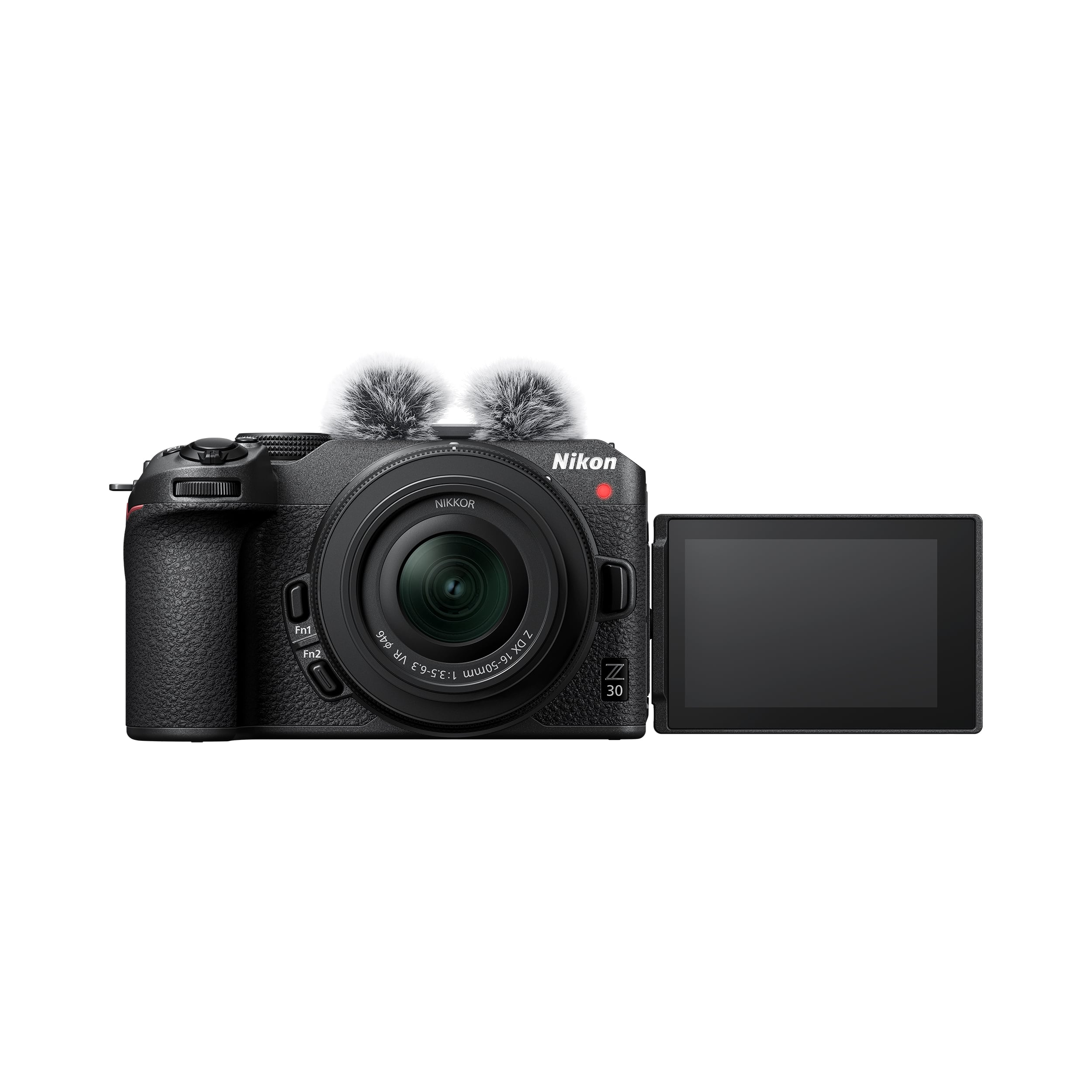 Cámara Nikon Z 30 con accesorios de micrófono. Cuerpo negro, pantalla abierta.