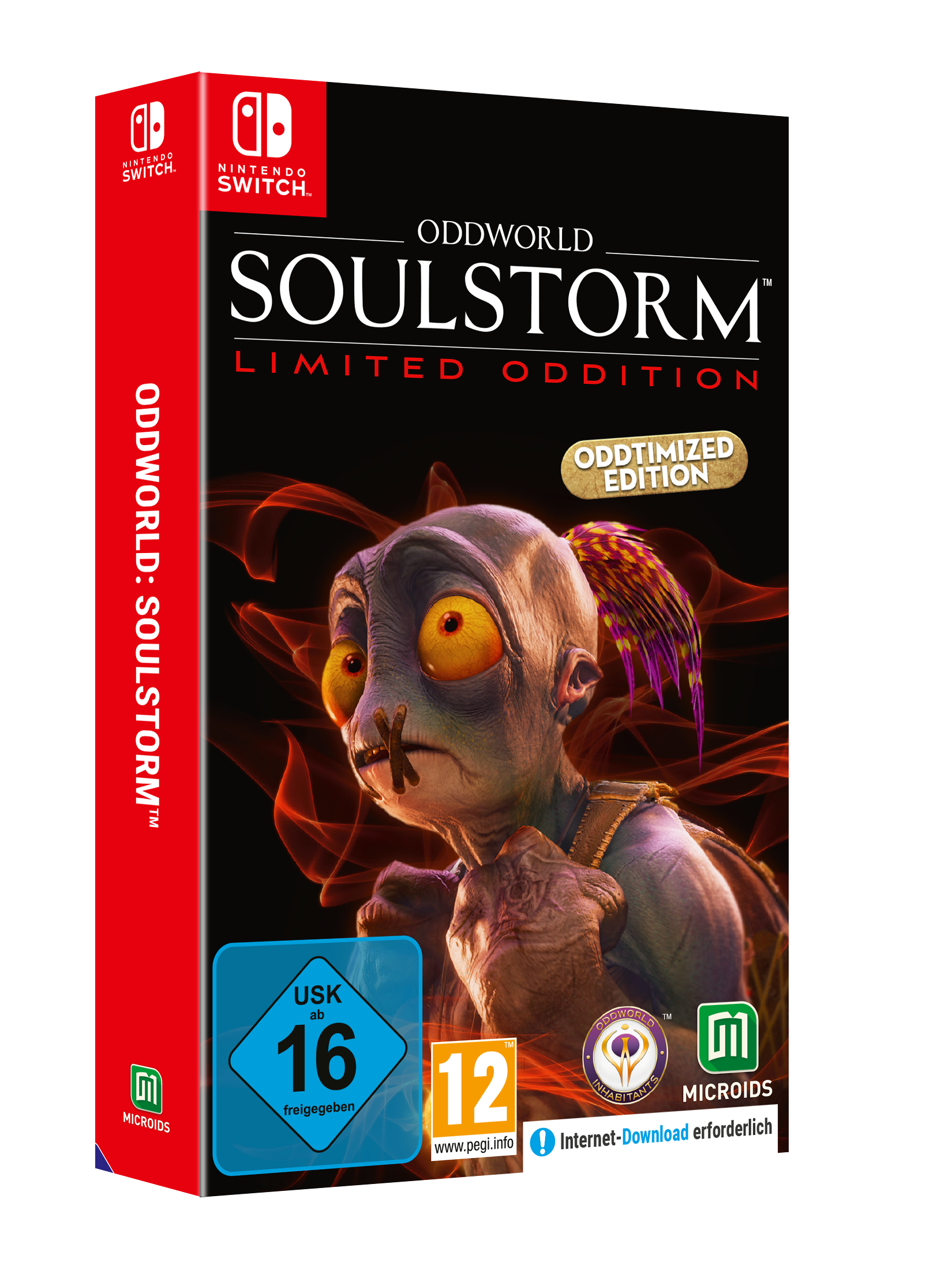 Spielebox. Oddworld: Soulstorm, Limited Oddition. Artwork einer Kreatur mit großen Augen. Nintendo Switch-Logo.
