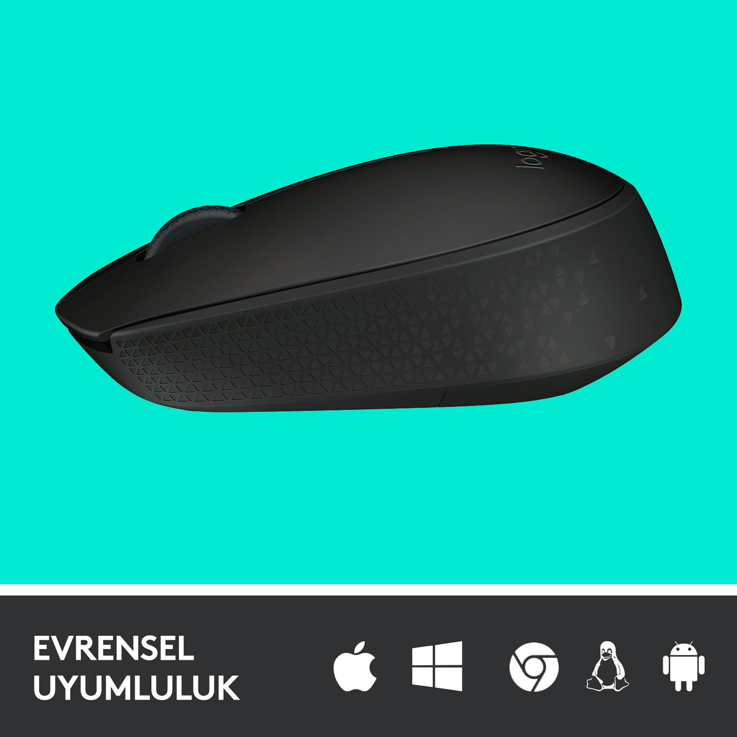 Turkuaz bir arka plan üzerinde siyah kablosuz fare, altta uyumluluk simgeleriyle.