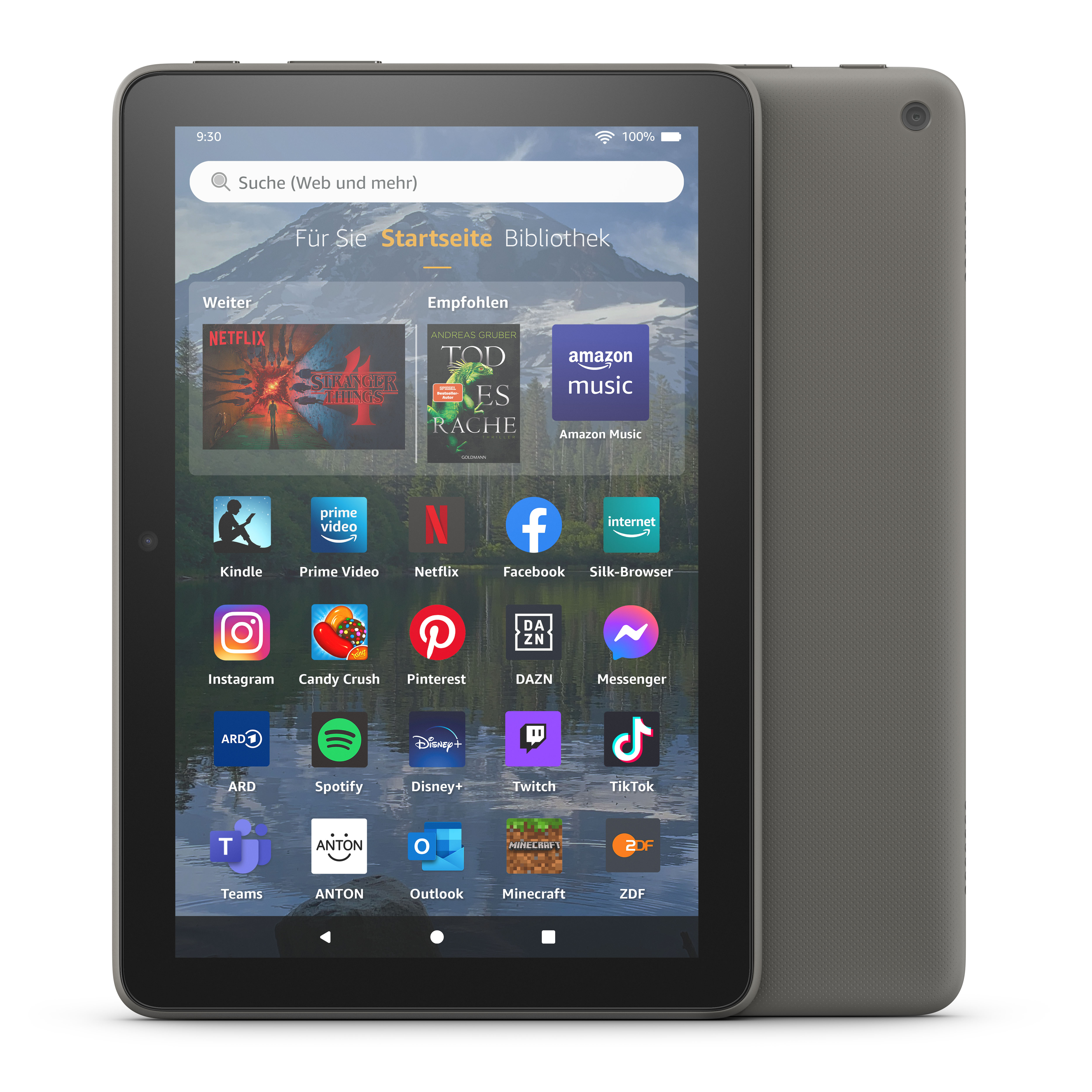 Tablet zeigt Startbildschirm mit Apps wie Netflix, Amazon Music und Amazon Prime Video.