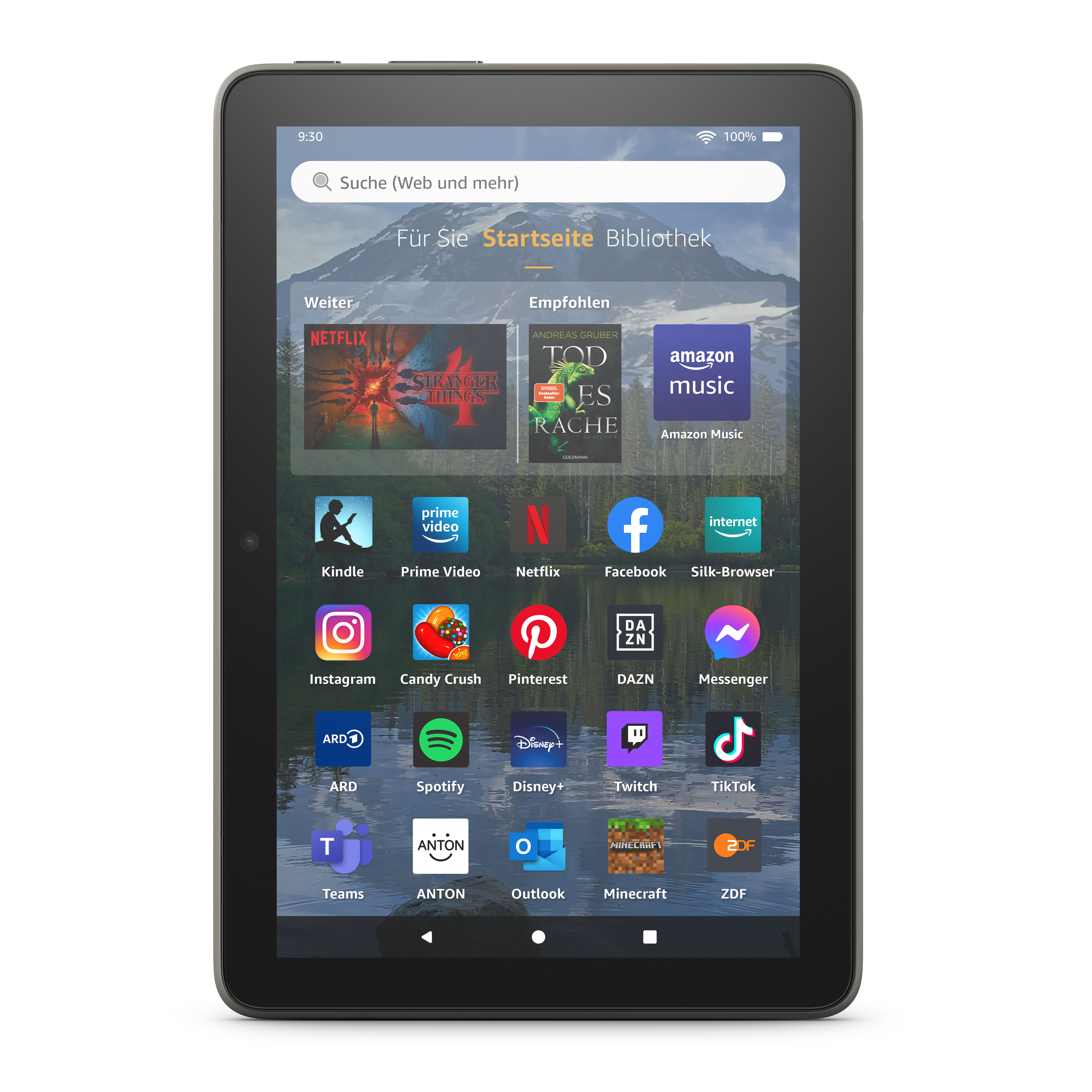 Ein Tablet zeigt einen Startbildschirm mit App-Symbolen. App-Symbole sind u.a. Netflix und Amazon Music.