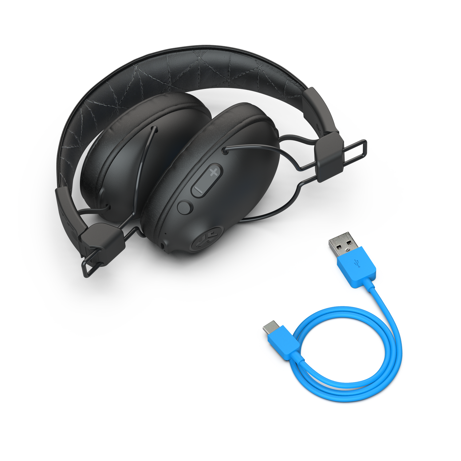 Zwarte koptelefoon met een blauwe kabel. De kabel heeft een USB-connector.