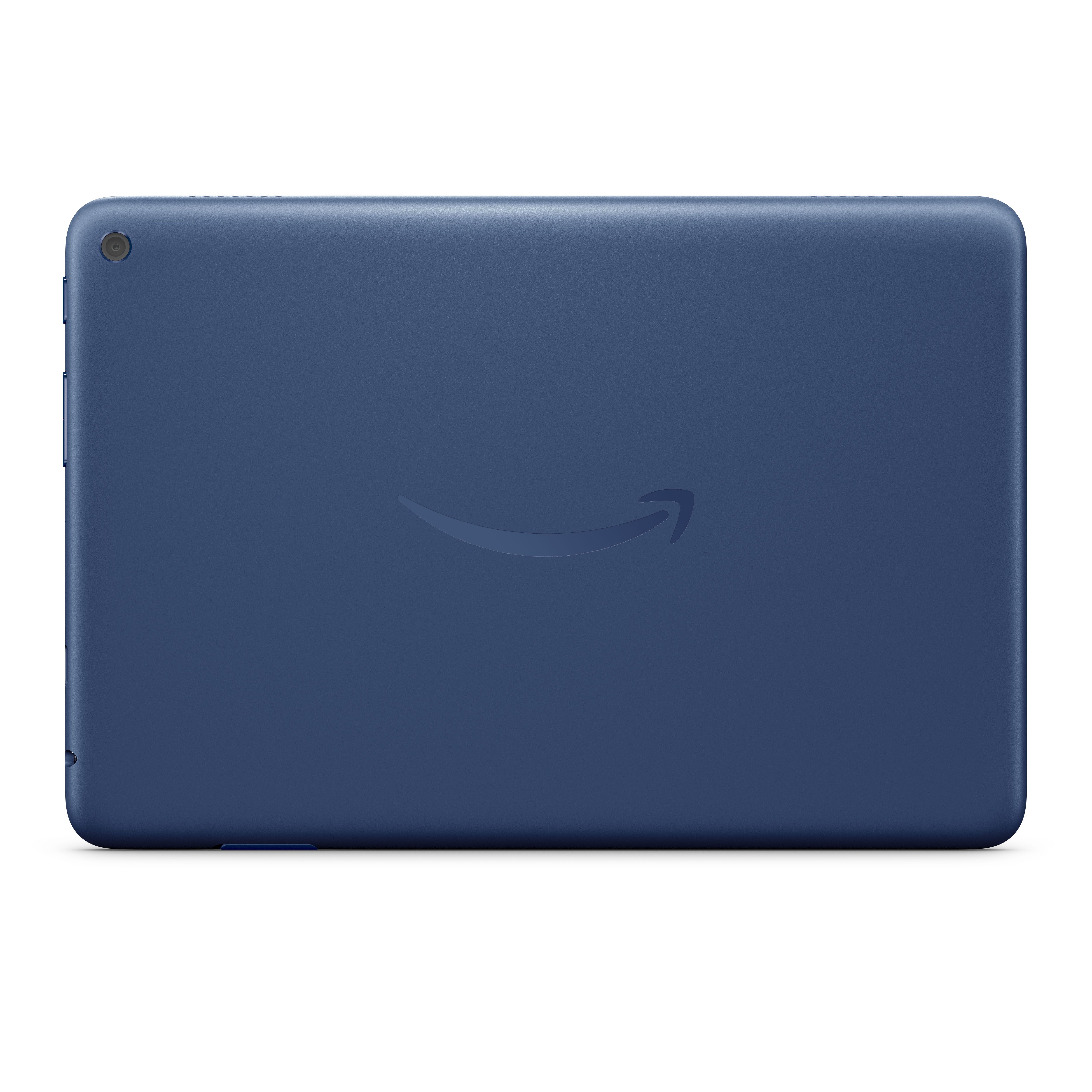 Die Rückseite eines blauen Tablets mit einem Amazon-Logo. Das Kameraobjektiv ist sichtbar.