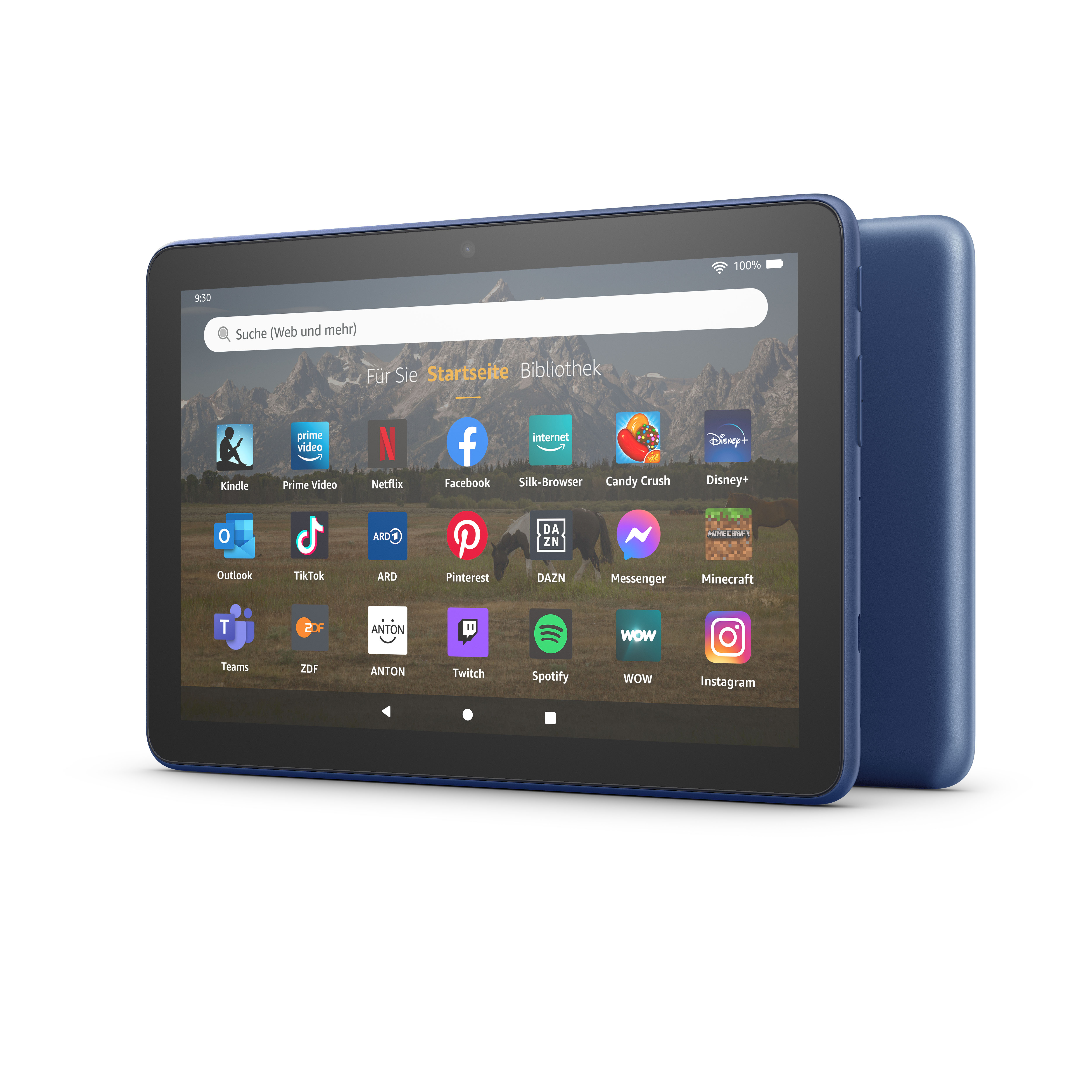 Blaues Tablet mit Apps, das einen Startbildschirm mit dem Wort Suche zeigt.