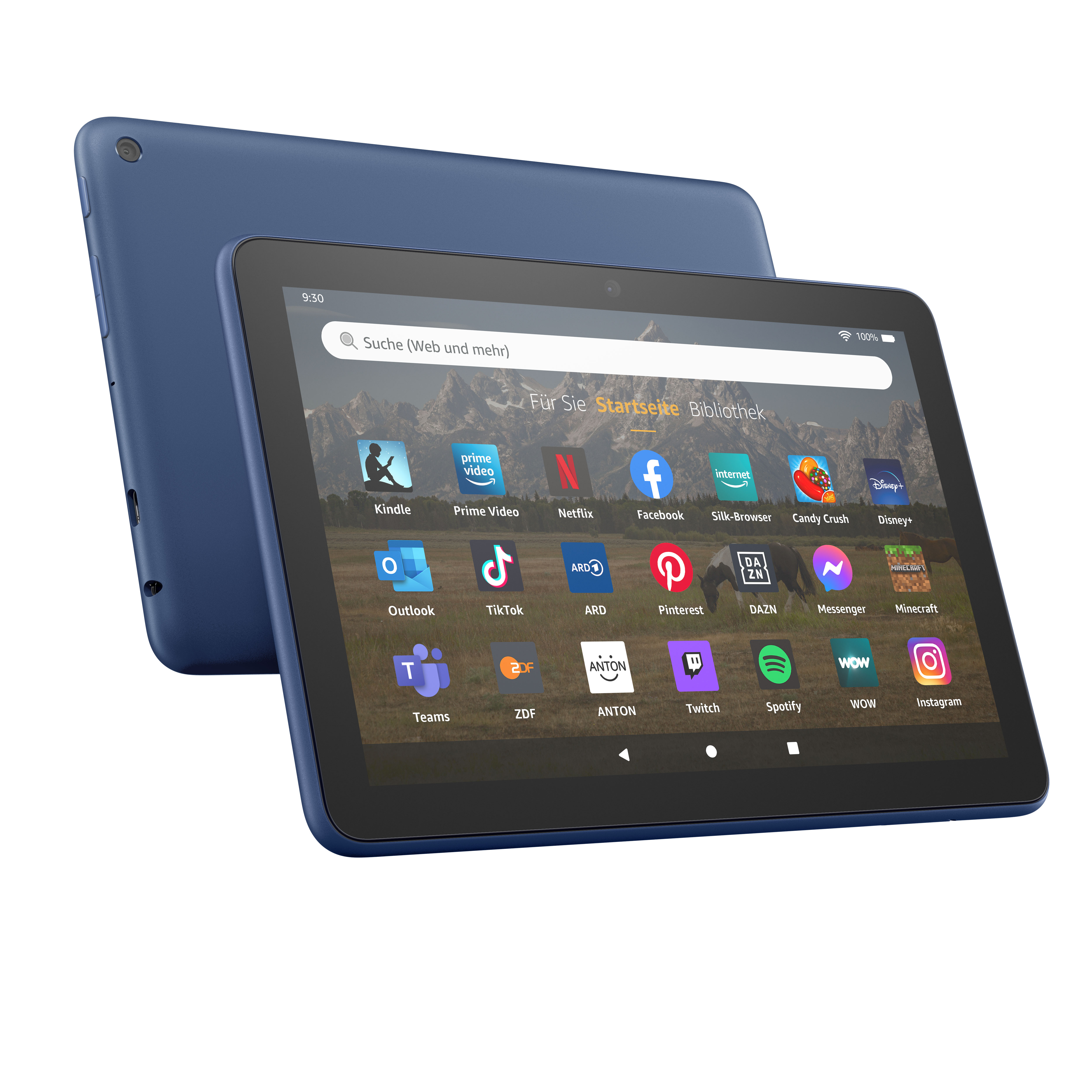 Blaues Tablet mit Apps auf dem Bildschirm, ein weiteres Tablet dahinter.