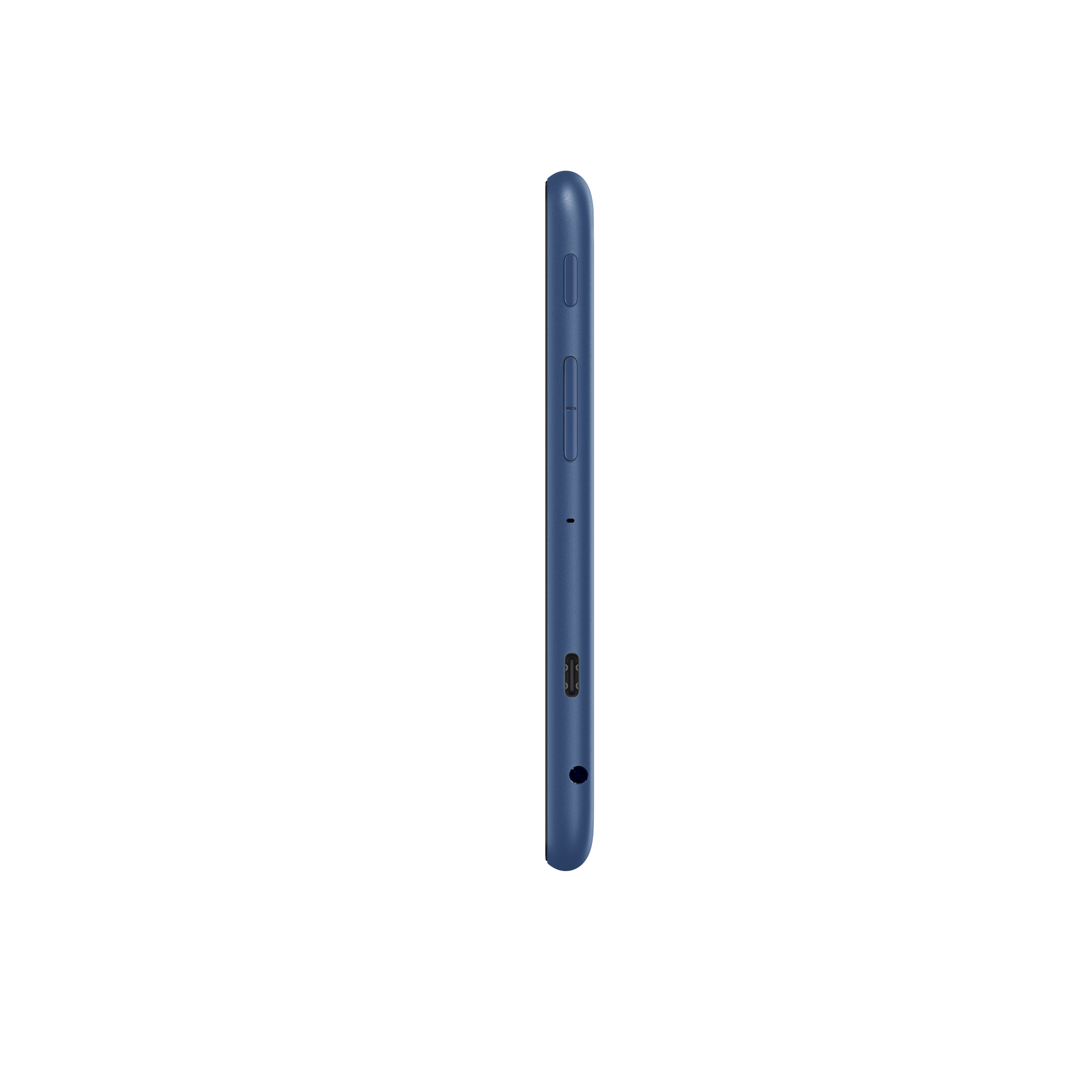 Blaue Smartphone-Seitenansicht. Knöpfe und Anschlüsse sichtbar. Klares, minimalistisches Design.