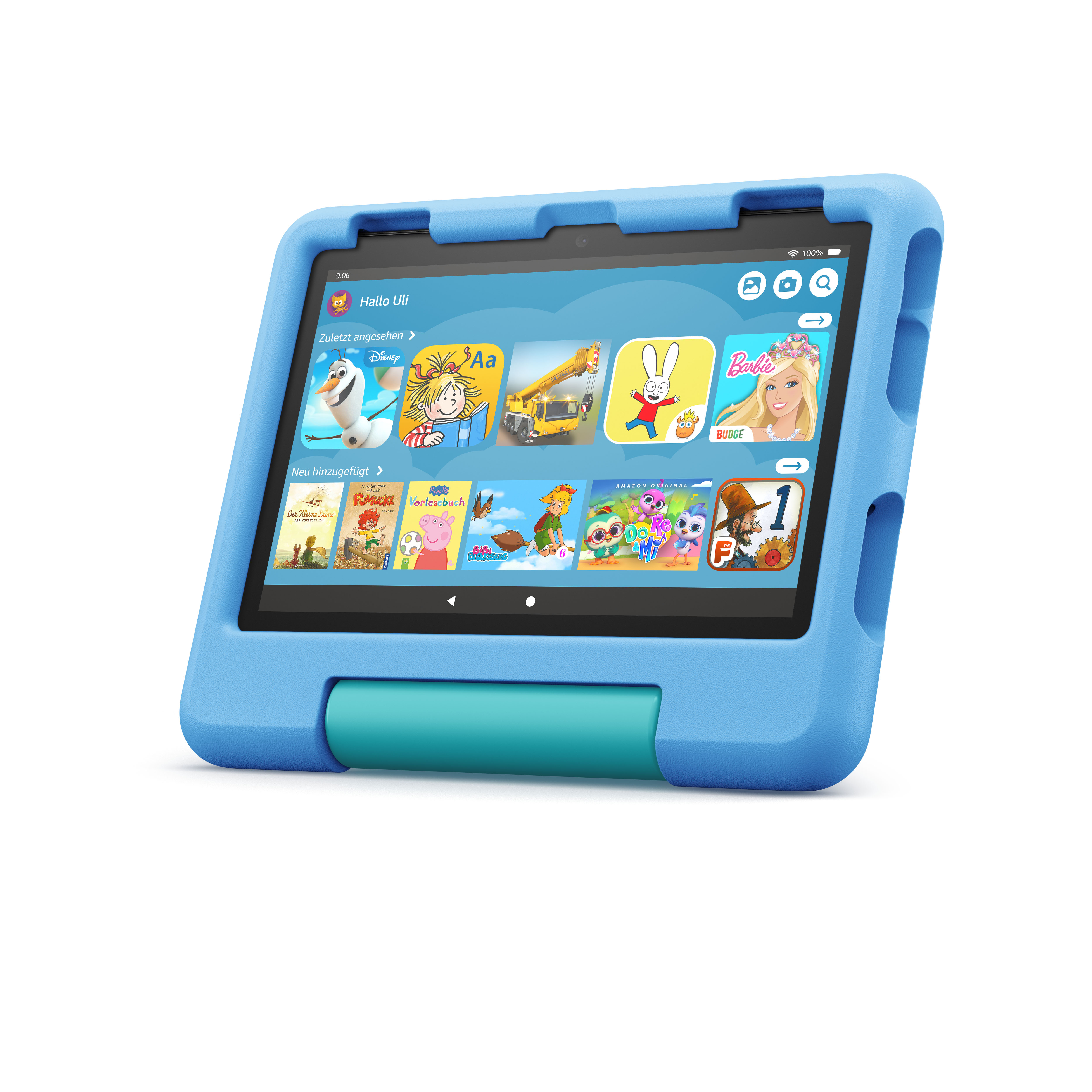 Ein blaues Amazon Fire Tablet zeigt einen Bildschirm mit verschiedenen App-Symbolen. Ein blauer Stoßfänger umgibt das Tablet.