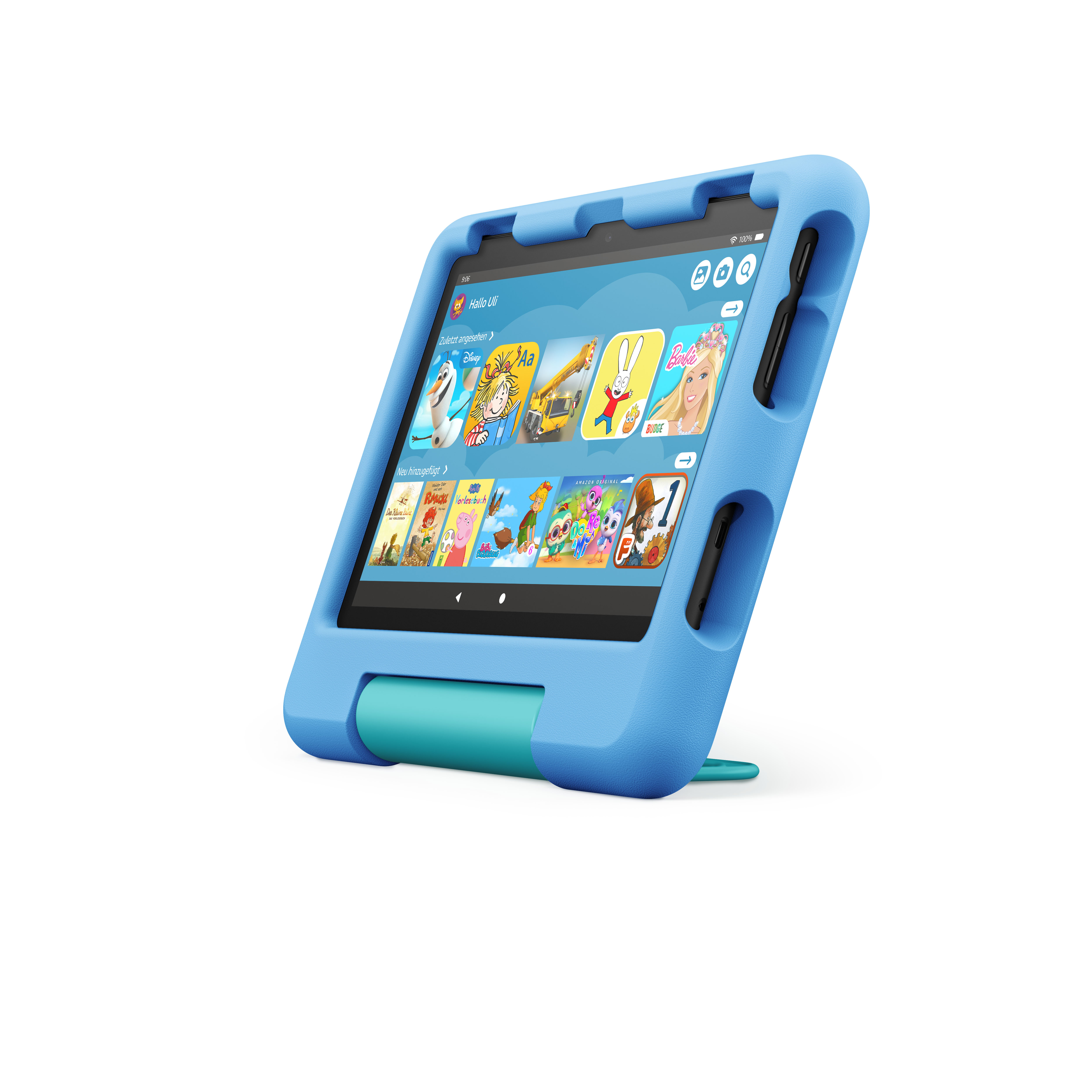 Blaues Tablet mit Schutzhülle, zeigt Kinderschnittstelle.