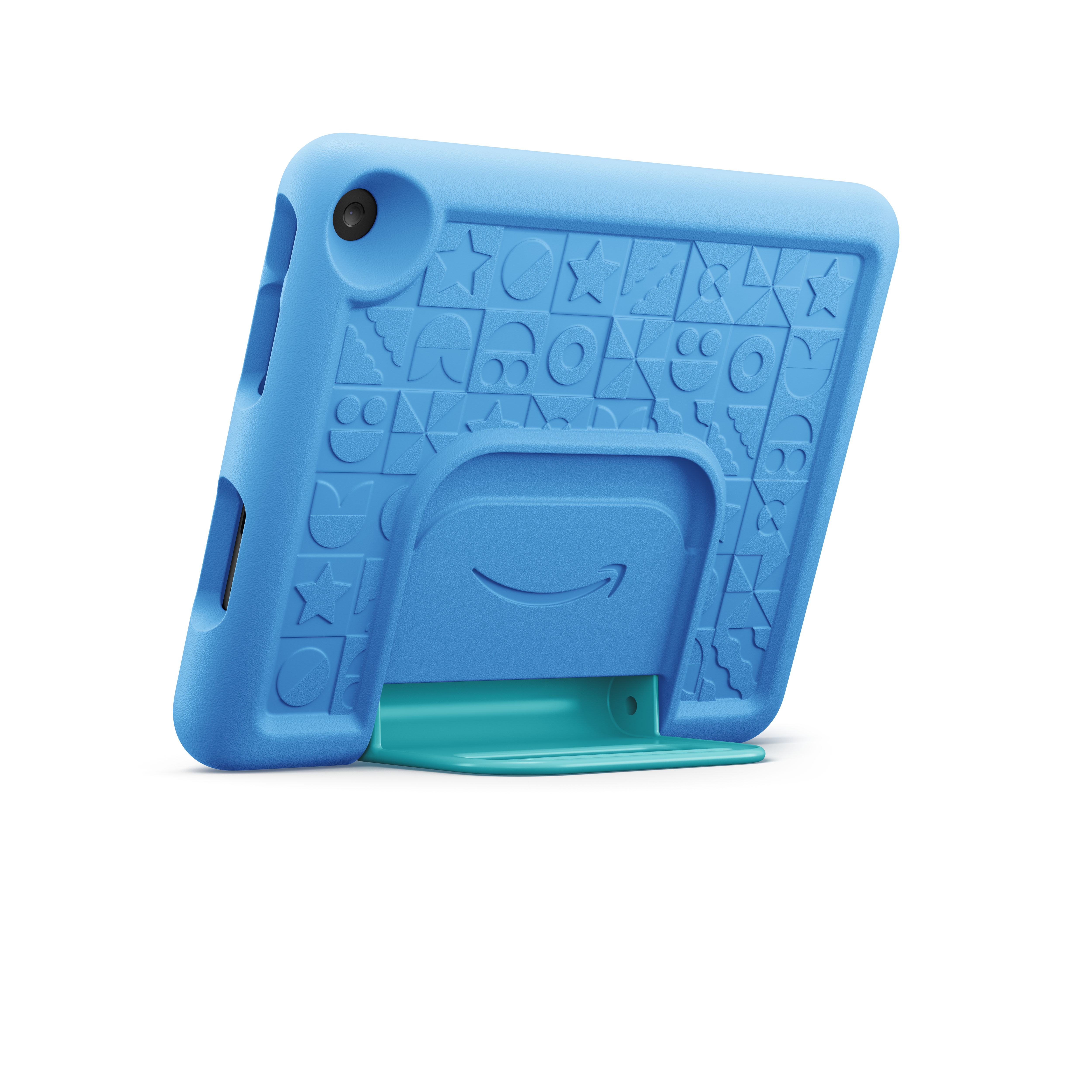 Blaues Amazon Fire Tablet in Hülle mit Ständer.