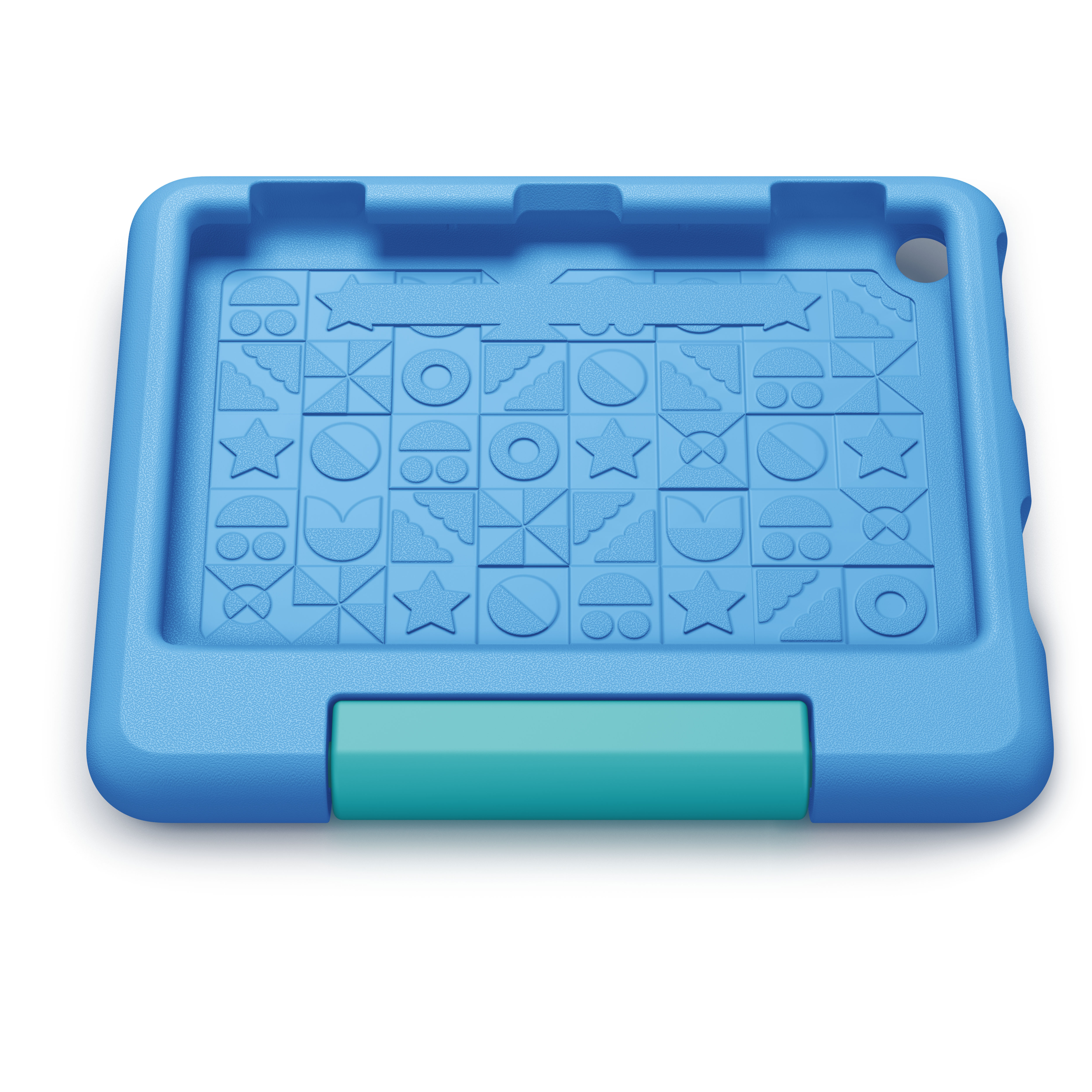 Blaue Tablethülle mit geometrischen Formen und grünem Griff.
