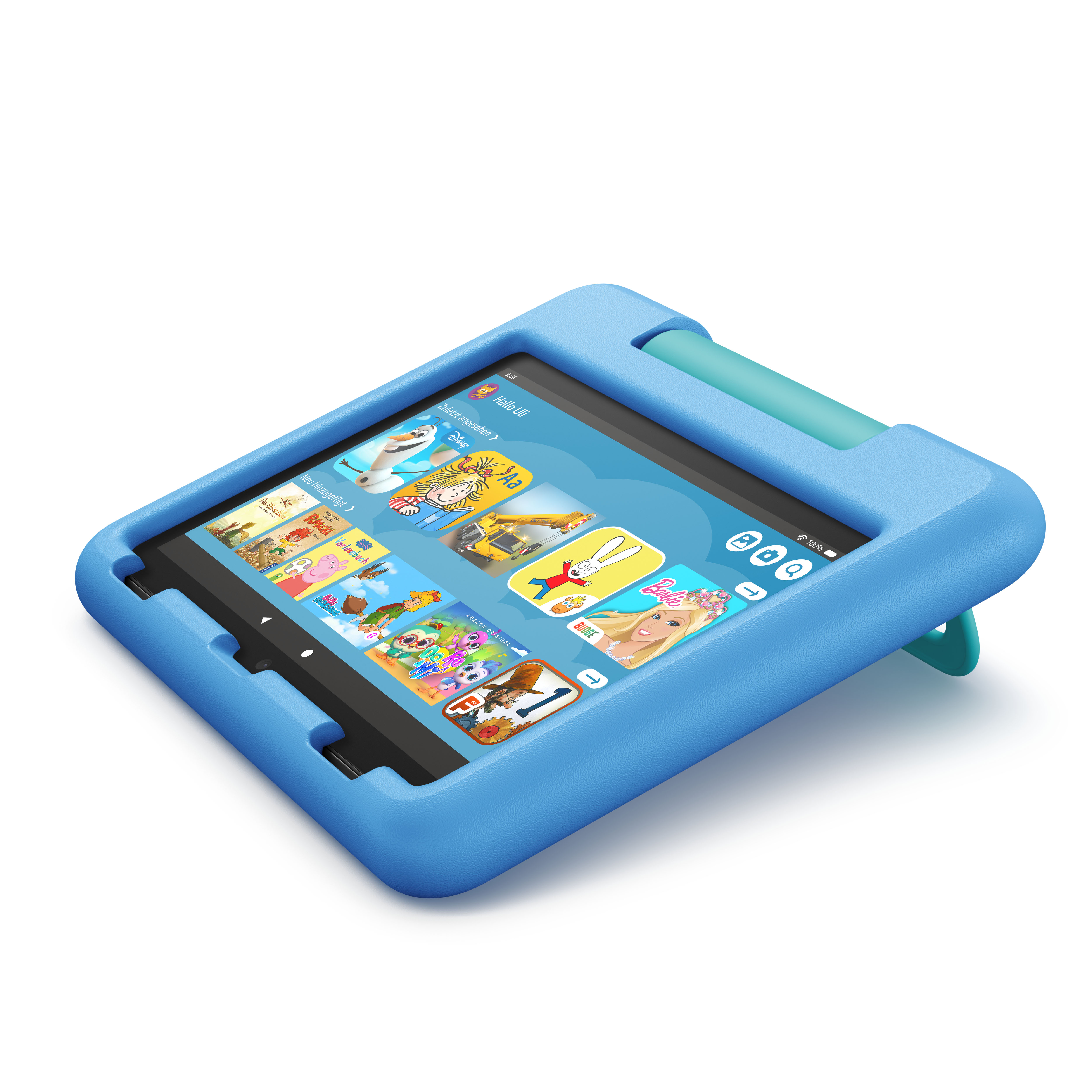 Ein blaues Tablet in einer blauen Schutzhülle, das eine bunte Oberfläche mit Cartoon-Symbolen zeigt.