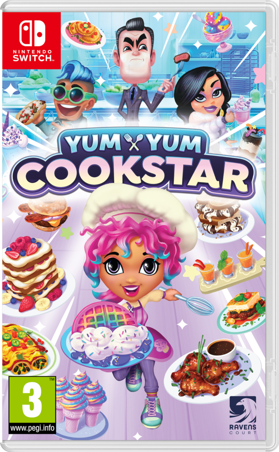 Boîte de jeu Yum Yum Cookstar, avec un chef de dessin animé et de la nourriture.