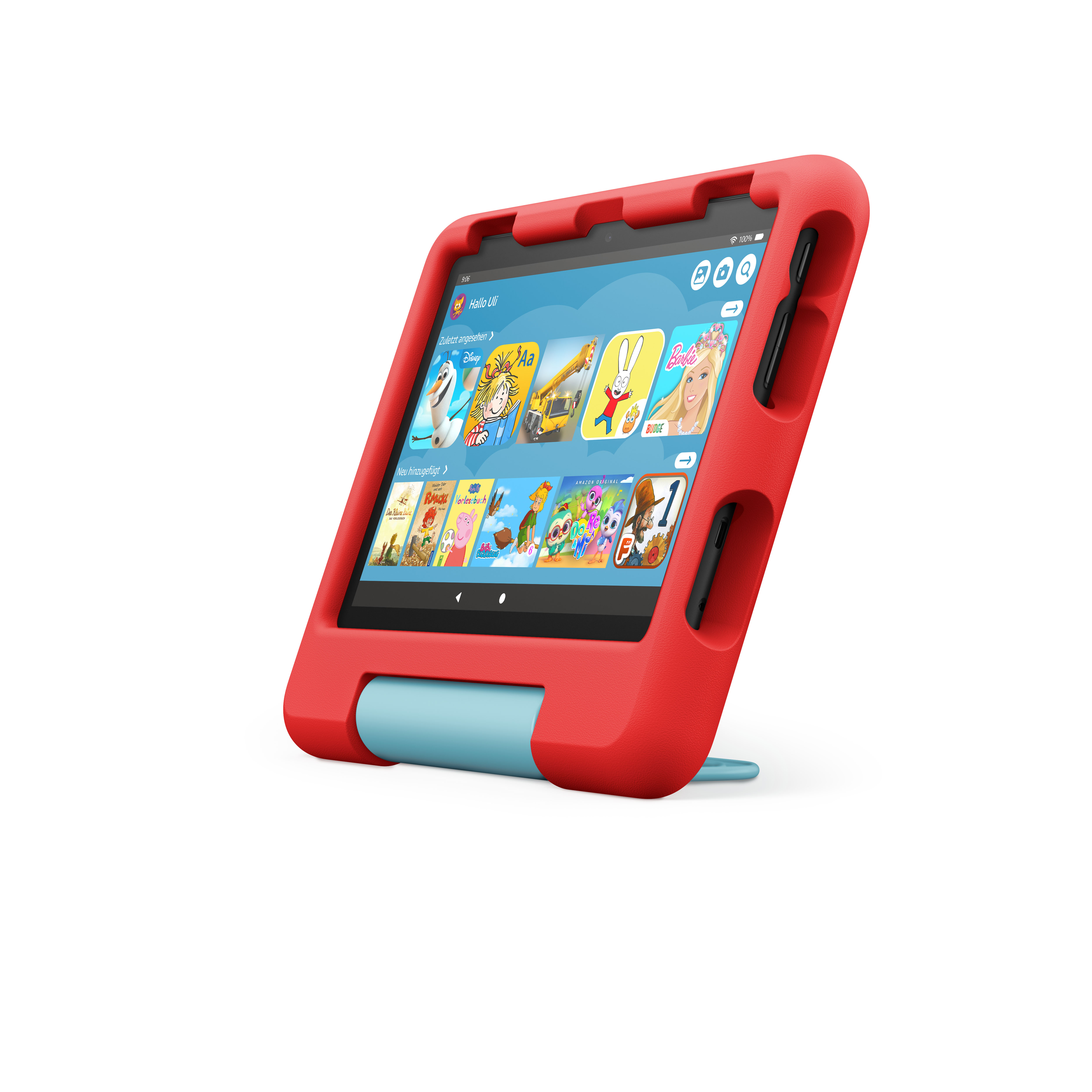 Rotes Tablet in roter Hülle mit blauem Ständer. Bildschirm zeigt Apps.