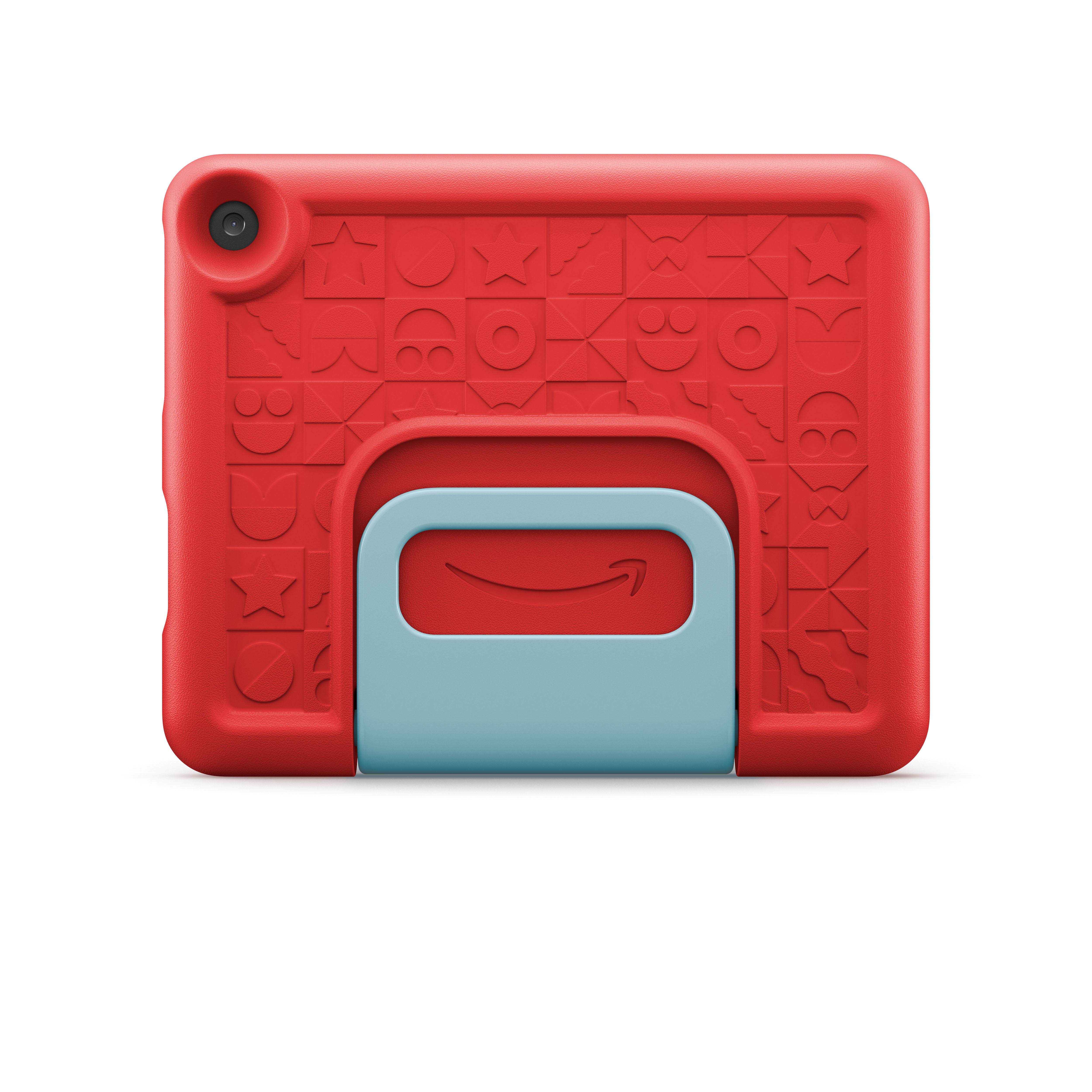 Rotes Tablet in roter Hülle mit Griff, Kamera in der linken Ecke sichtbar.