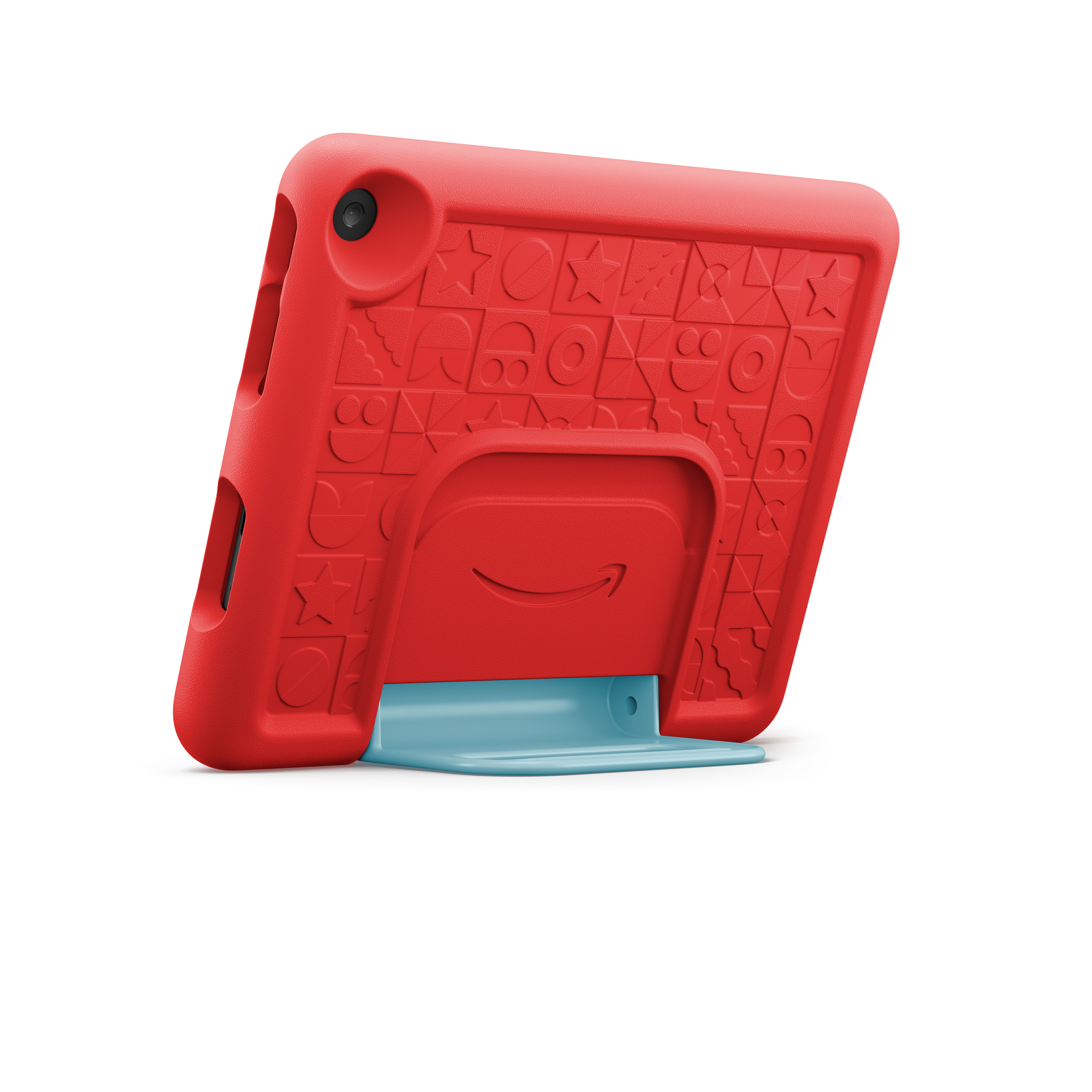 Rote Tablet-Hülle für Kinder mit blauem Ständer und Amazon-Logo.