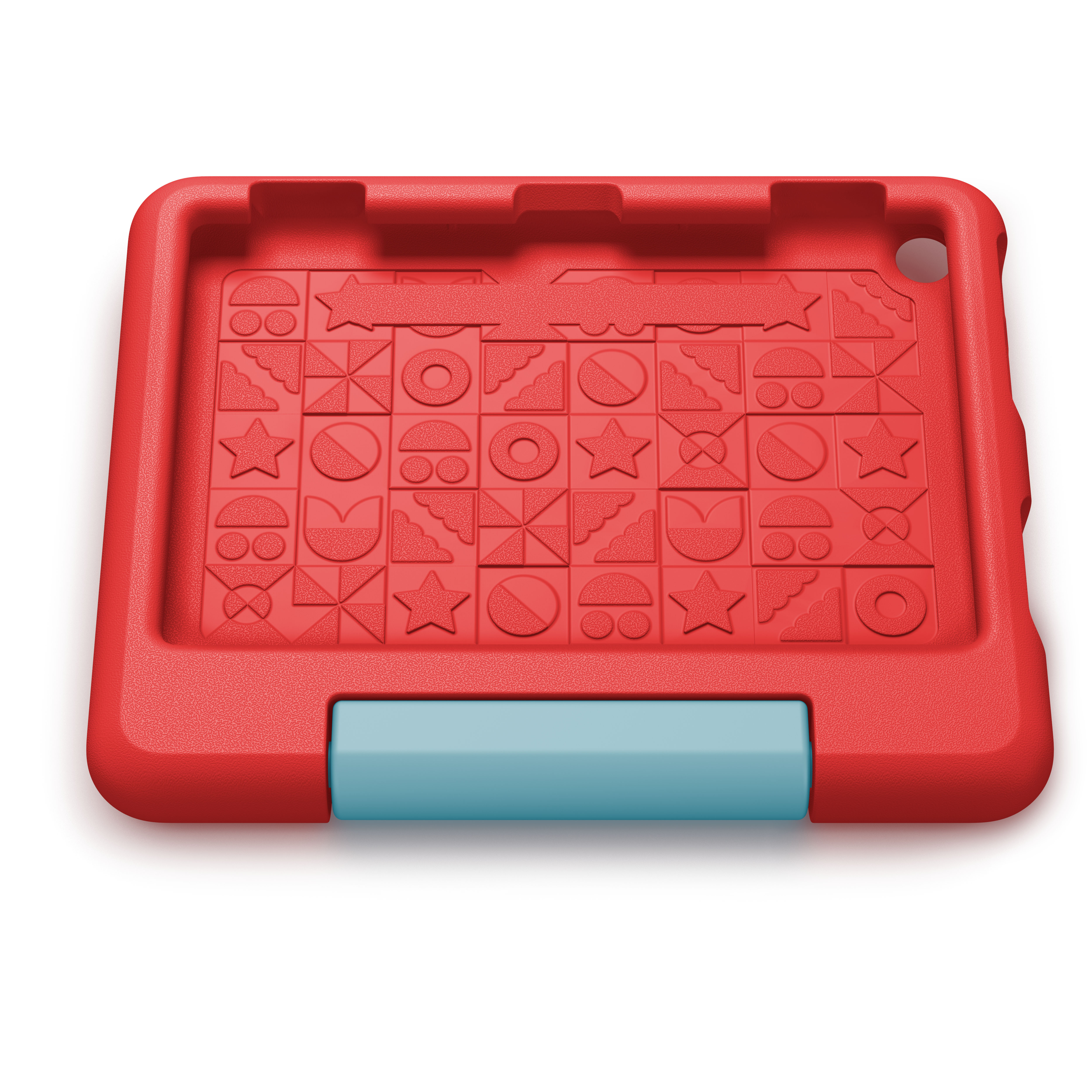 Eine rote Tablethülle mit blauem Griff und geometrischen Mustern.
