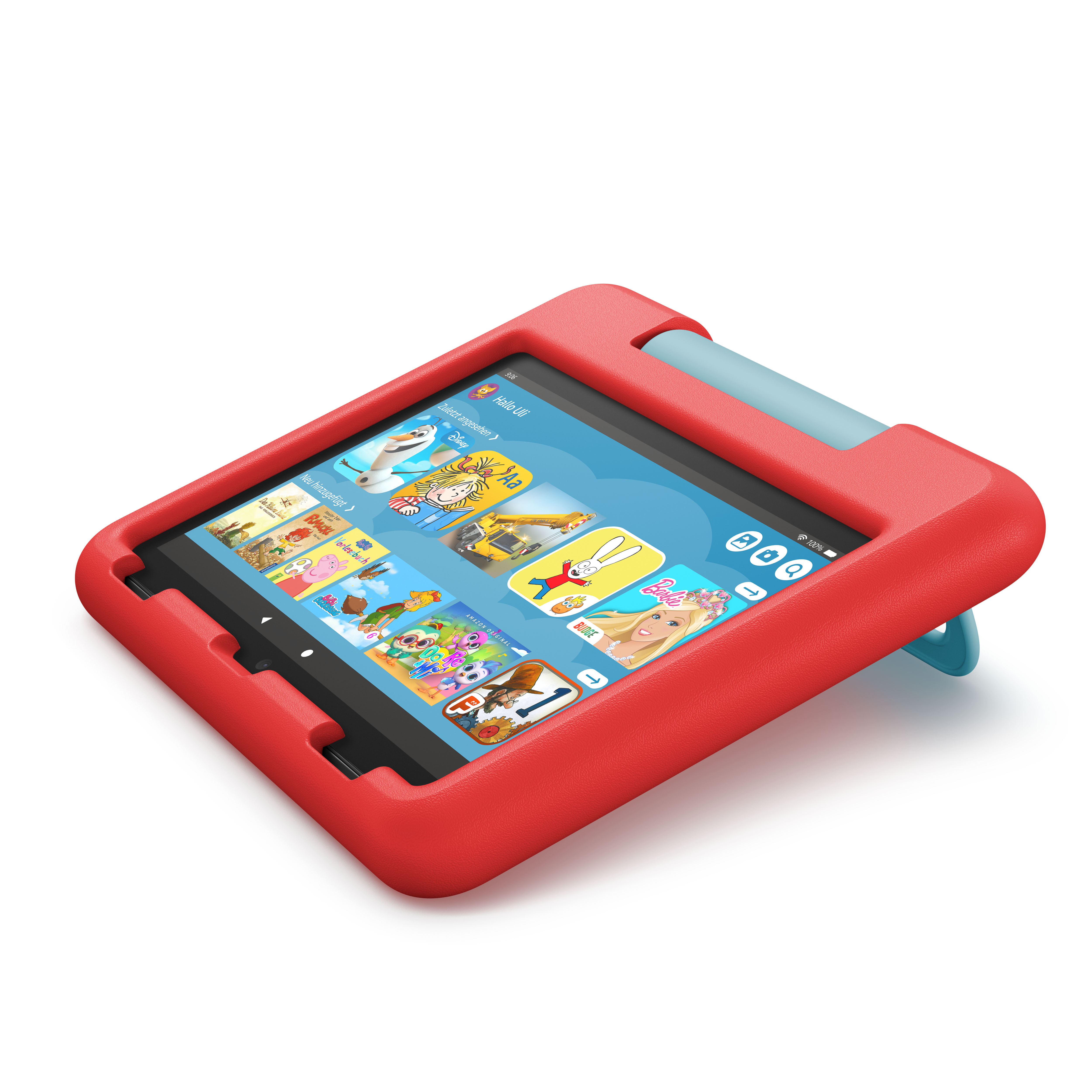 Rotes Tablet mit Apps auf dem Bildschirm. Es hat ein rotes Gehäuse und einen blauen Ständer, perspektivisch.