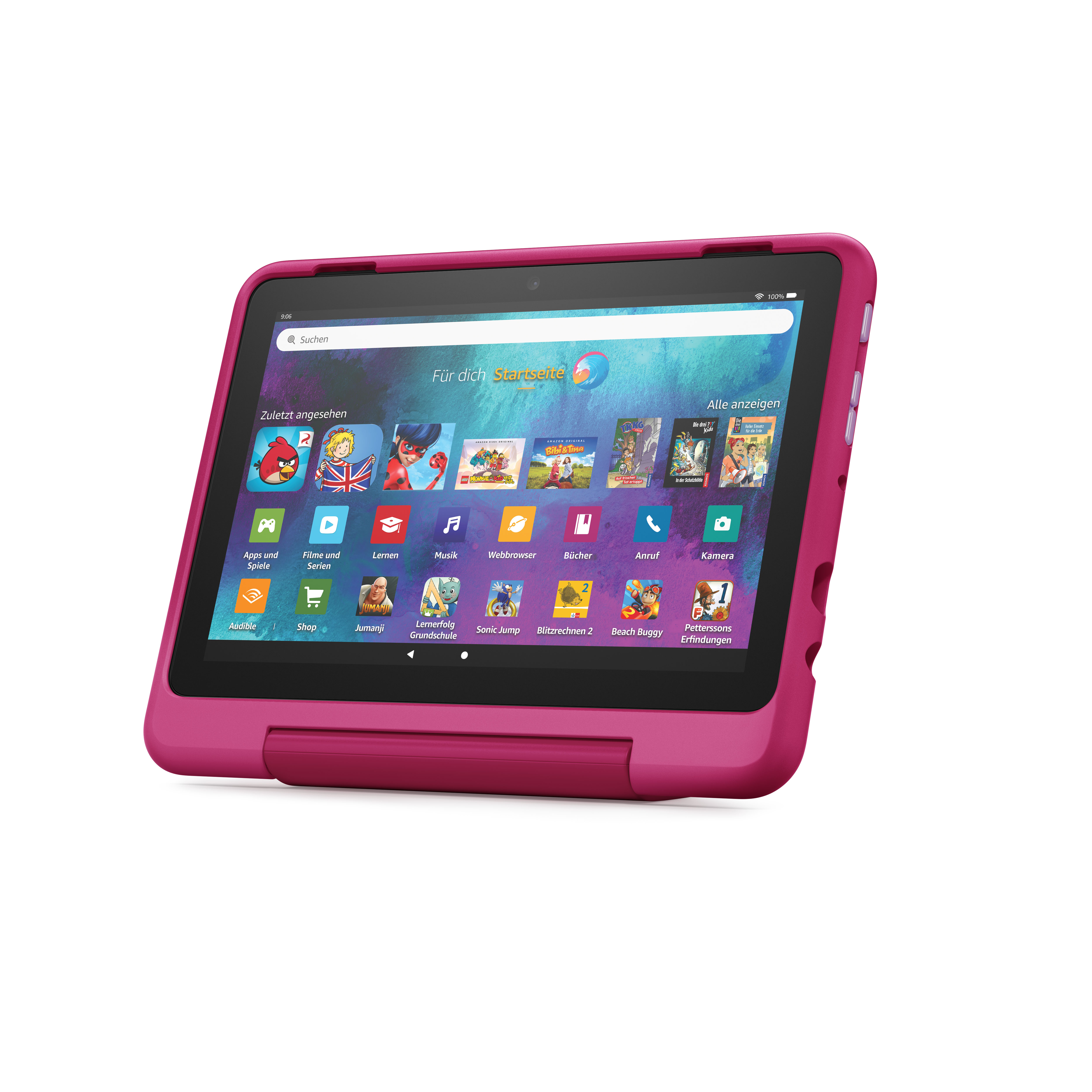 Ein rosa Tablet mit einem Bildschirm mit App-Symbolen. Das Tablet ist in einem rosa Gehäuse.