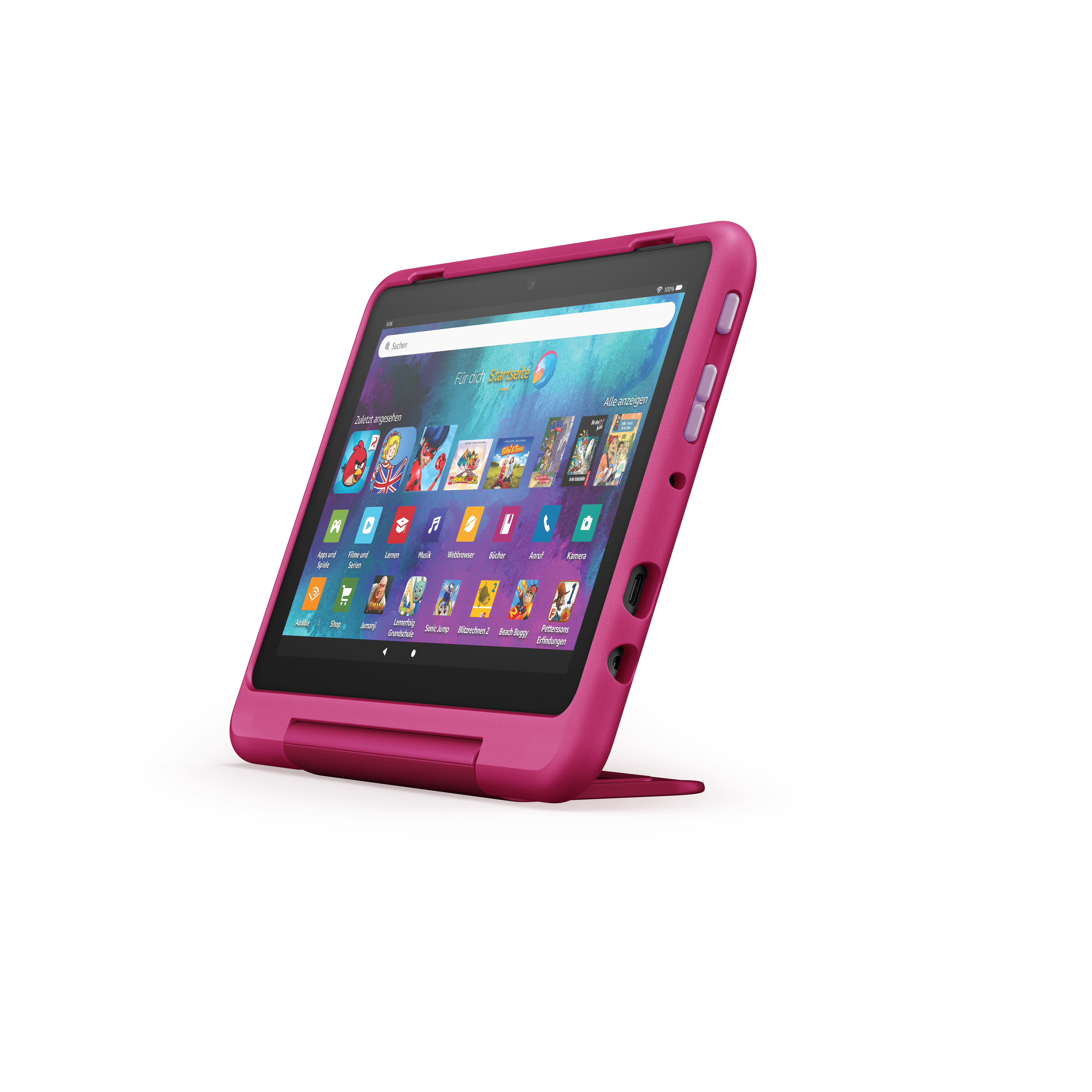 Rosa Tablet in einer rosa Hülle. Der Bildschirm zeigt eine Webseite mit Kinderinhalten.