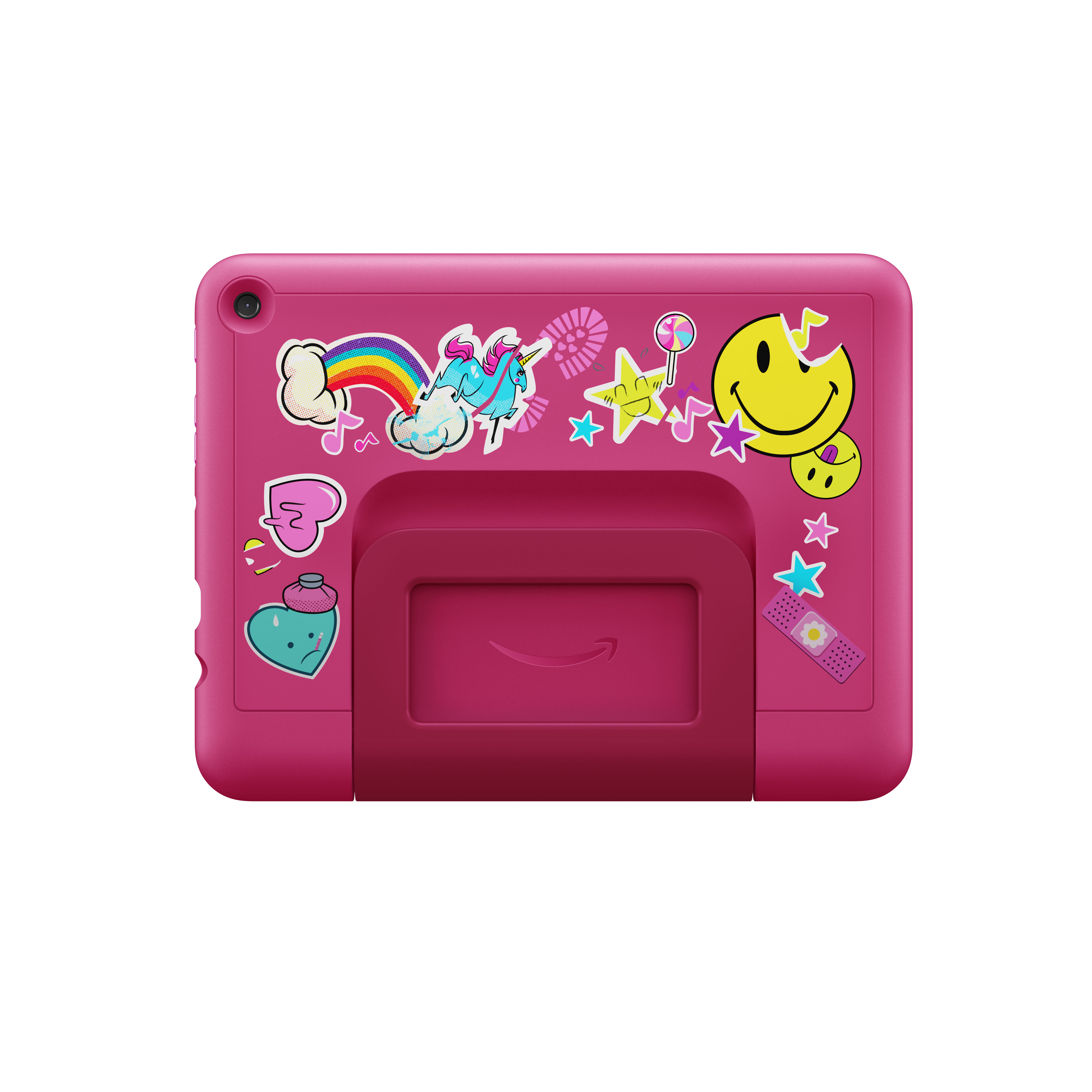 Rosa Amazon Fire Tablet mit Aufklebern auf der Rückseite und einem Griff.
