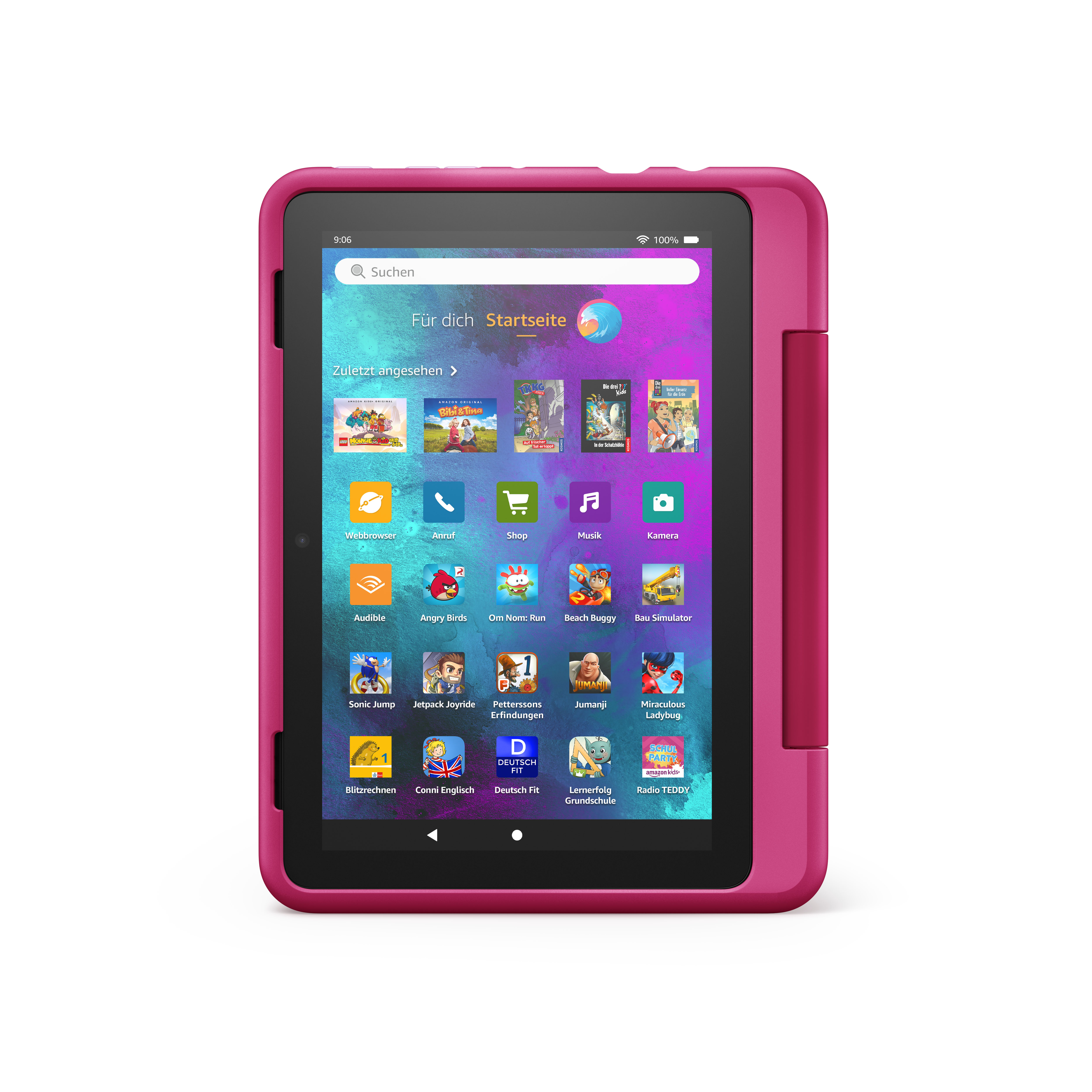 Rosa Tablet, das einen Startbildschirm mit App-Symbolen anzeigt.