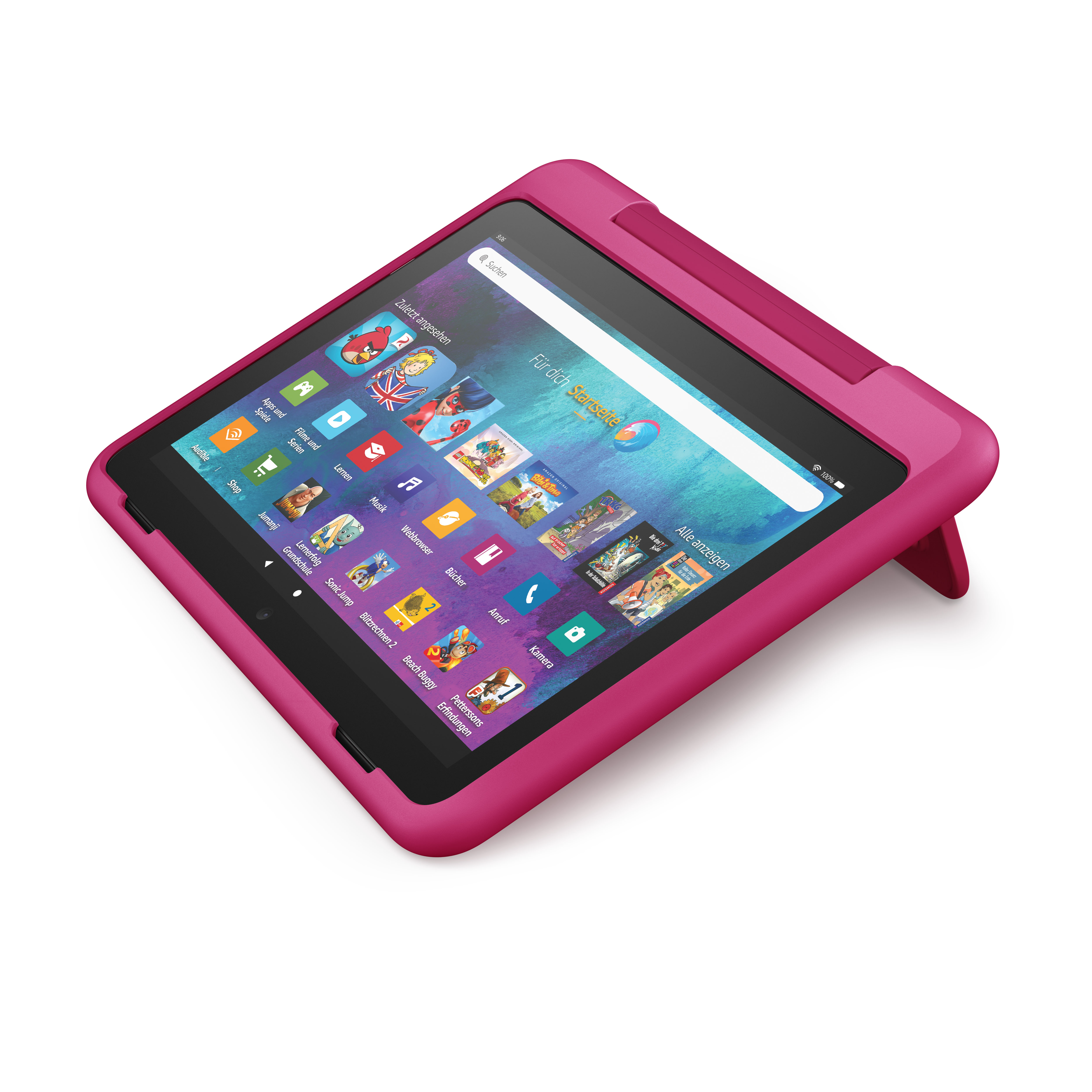 Rosa Tablet mit rosa Hülle und Ständer. Der Bildschirm zeigt App-Symbole, farbenfrohe Oberfläche.